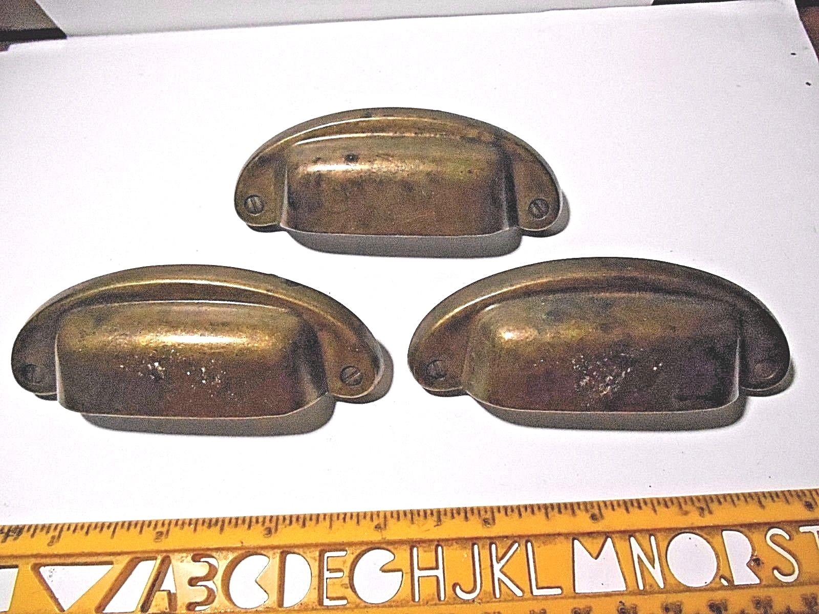 LOT OF 3 BRASS TONED DIE-CAST METAL DRAWER PULLS OR HANDLES WITH SCREWS