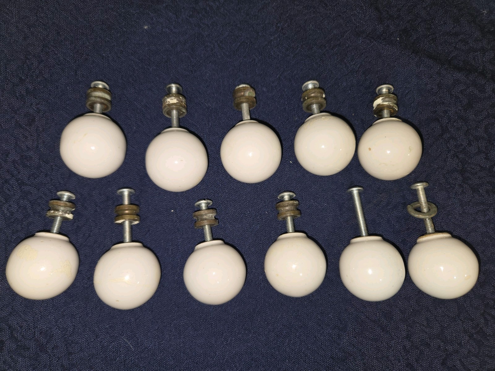 Vintage Porcelain & Brass 1-1/4″ White Round Ball Cabinet Door Drawer Pulls
