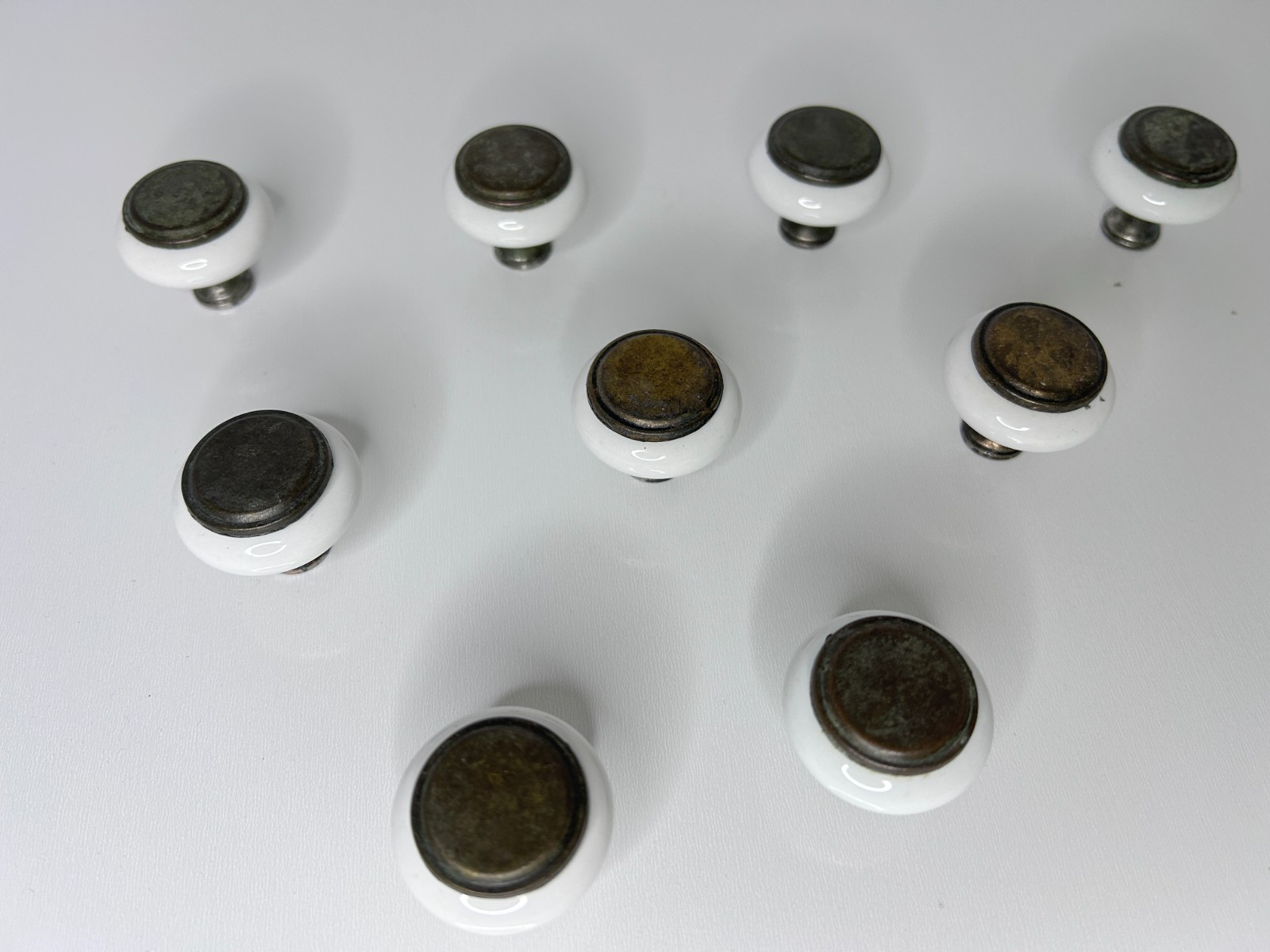 9 Vintage Mushroom White Porcelain Brass Drawer Cabinet Pulls Knobs