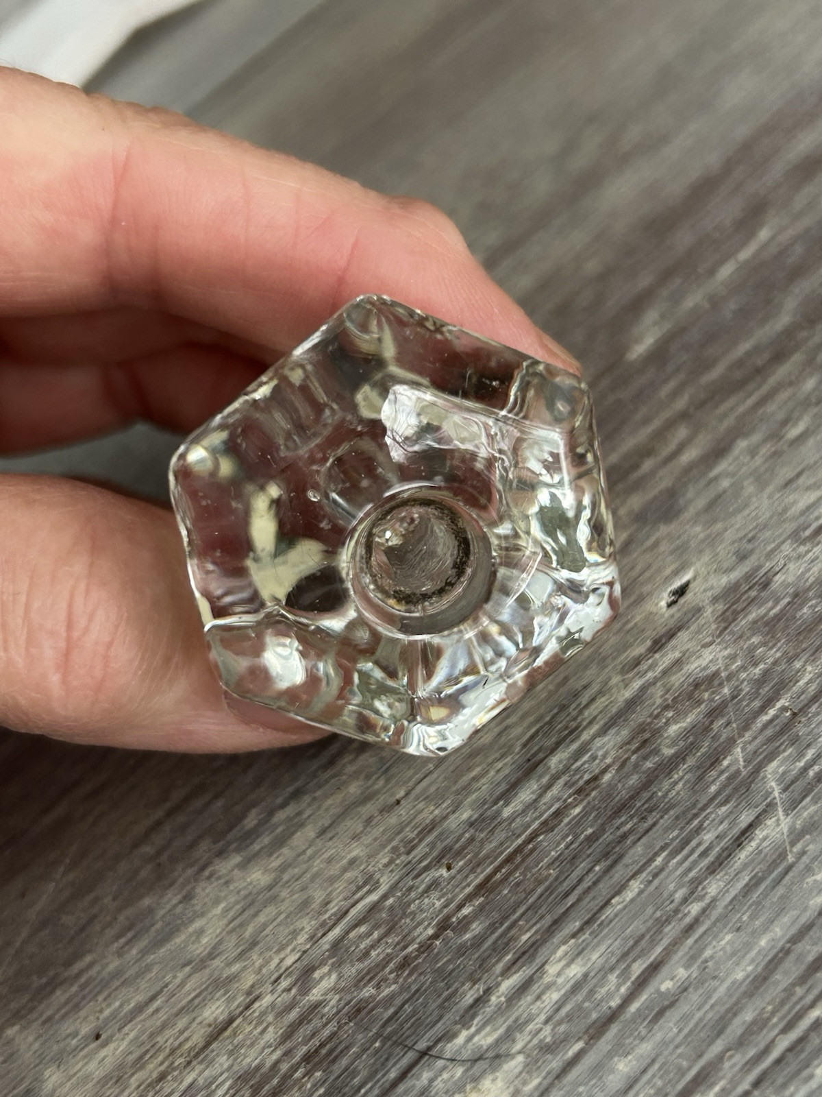 Antique Glass Drawer Knob Hexagon 1.5″ Diameter Has New Hardware (1a)
