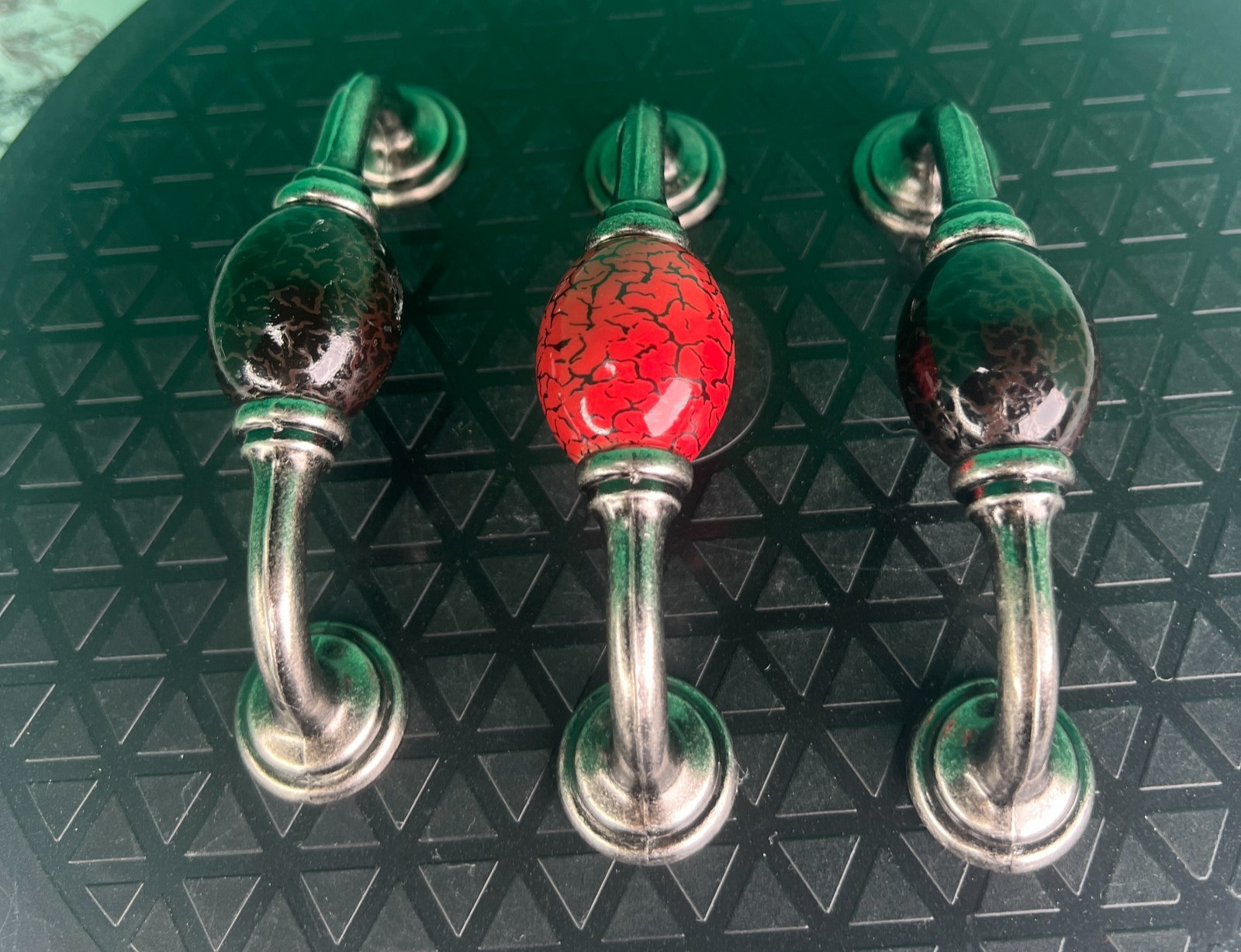 Lot of 3 Vintage Crackle Ceramic Cabinet Pulls Handles Red Black Silver 78 chars
