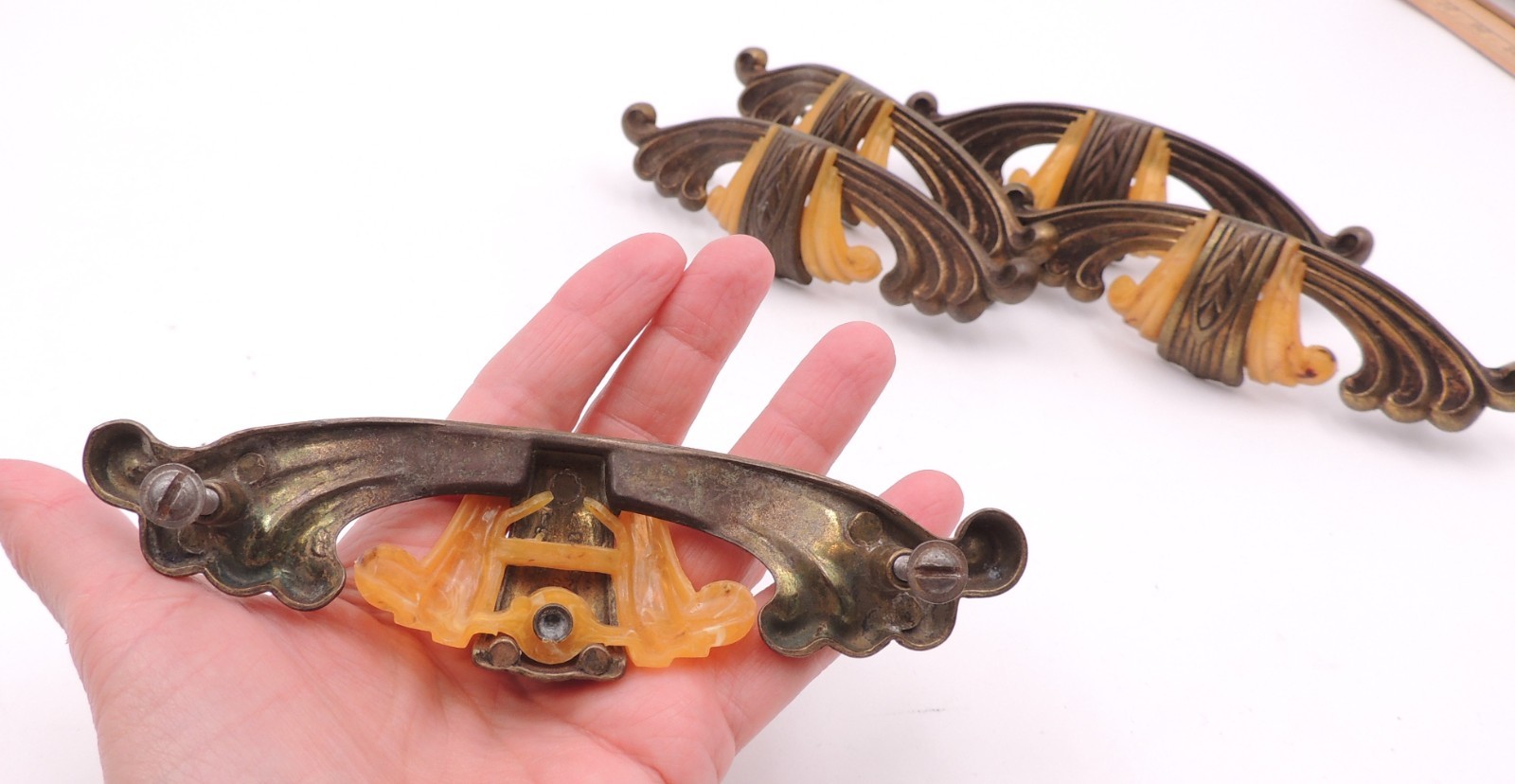 5 Art Deco Drawer Pull w/ Bakelite Vintage Knob Brasstone Waterfall Handle Set