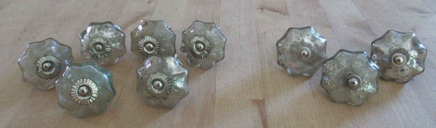 Lot of 9 Vintage Silver Mercury Glass and Metal Drawer Pull Dresser Door Knob
