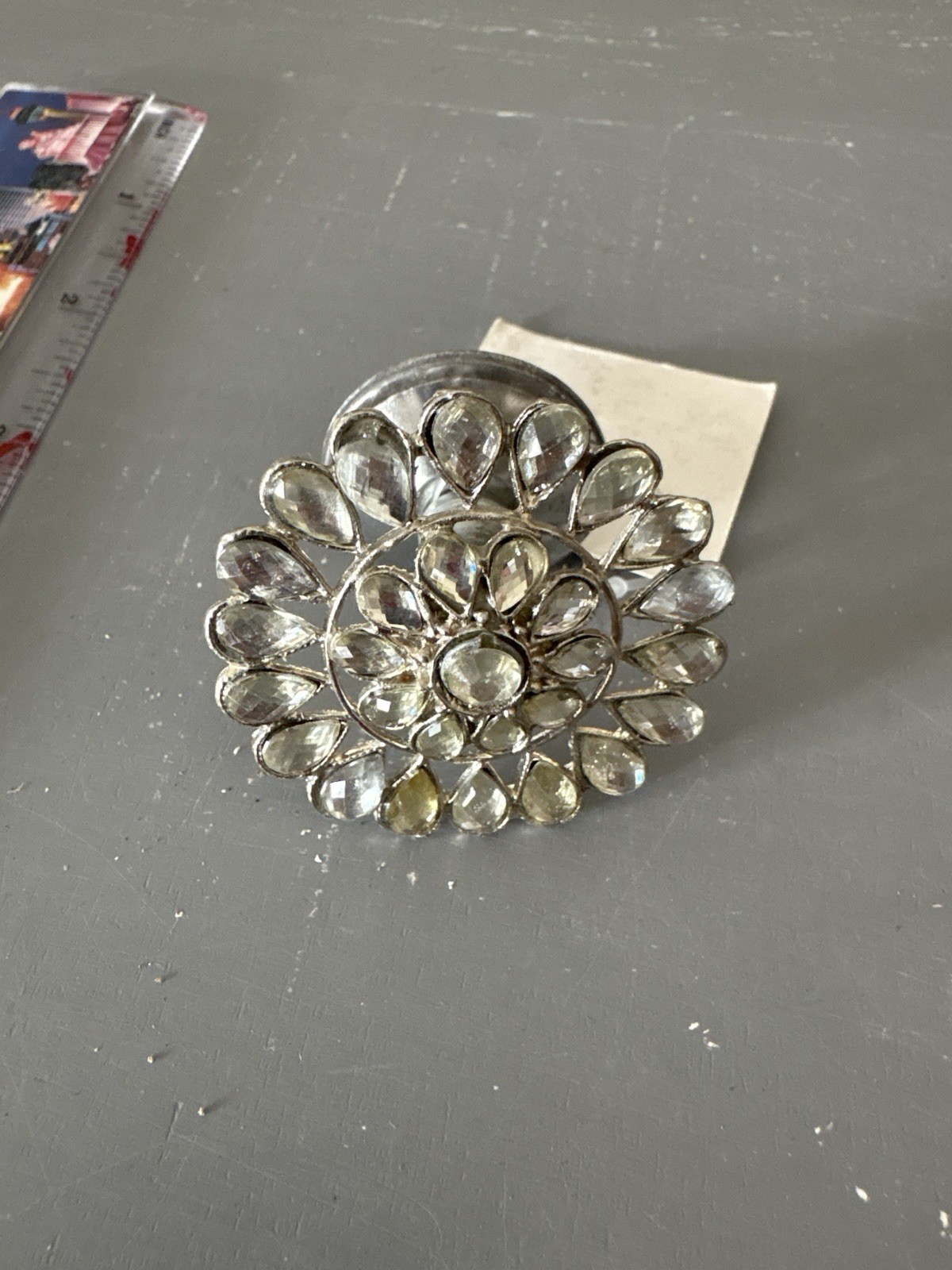 Vintage Silver Tone Floral Cabinet Knob Clear Faceted Flower Rhinestone Pull NOS