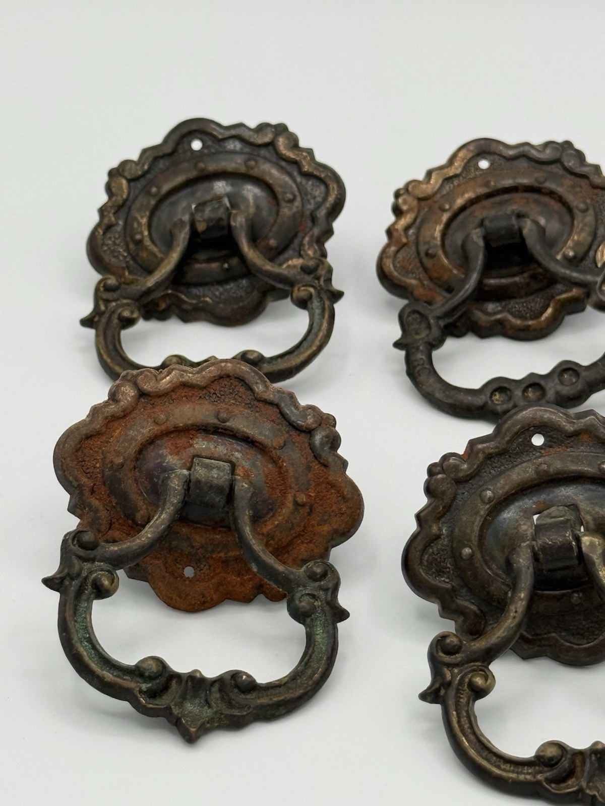 Lot of 8 Ornate Brass Tone Bail Drawer Pulls w/ Backplates, Metal, Rusted