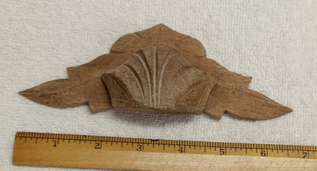 ANTIQUE WALNUT CARVED LEAF PATTERN DRAWER, BIN, DOOR, HANDLE