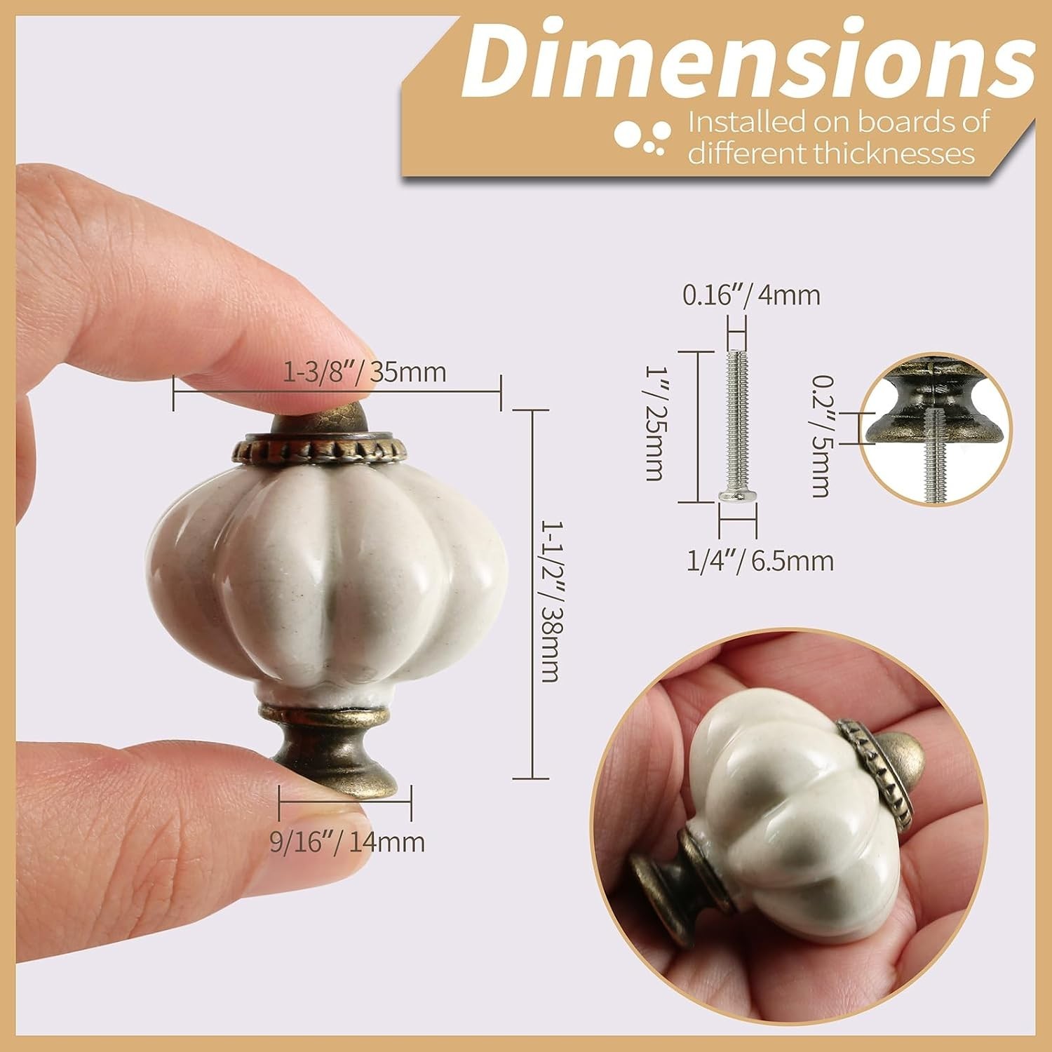 Ceramic Pumpkin Knobs 2 Pack – Antique White Vintage Drawer Pulls with Screws