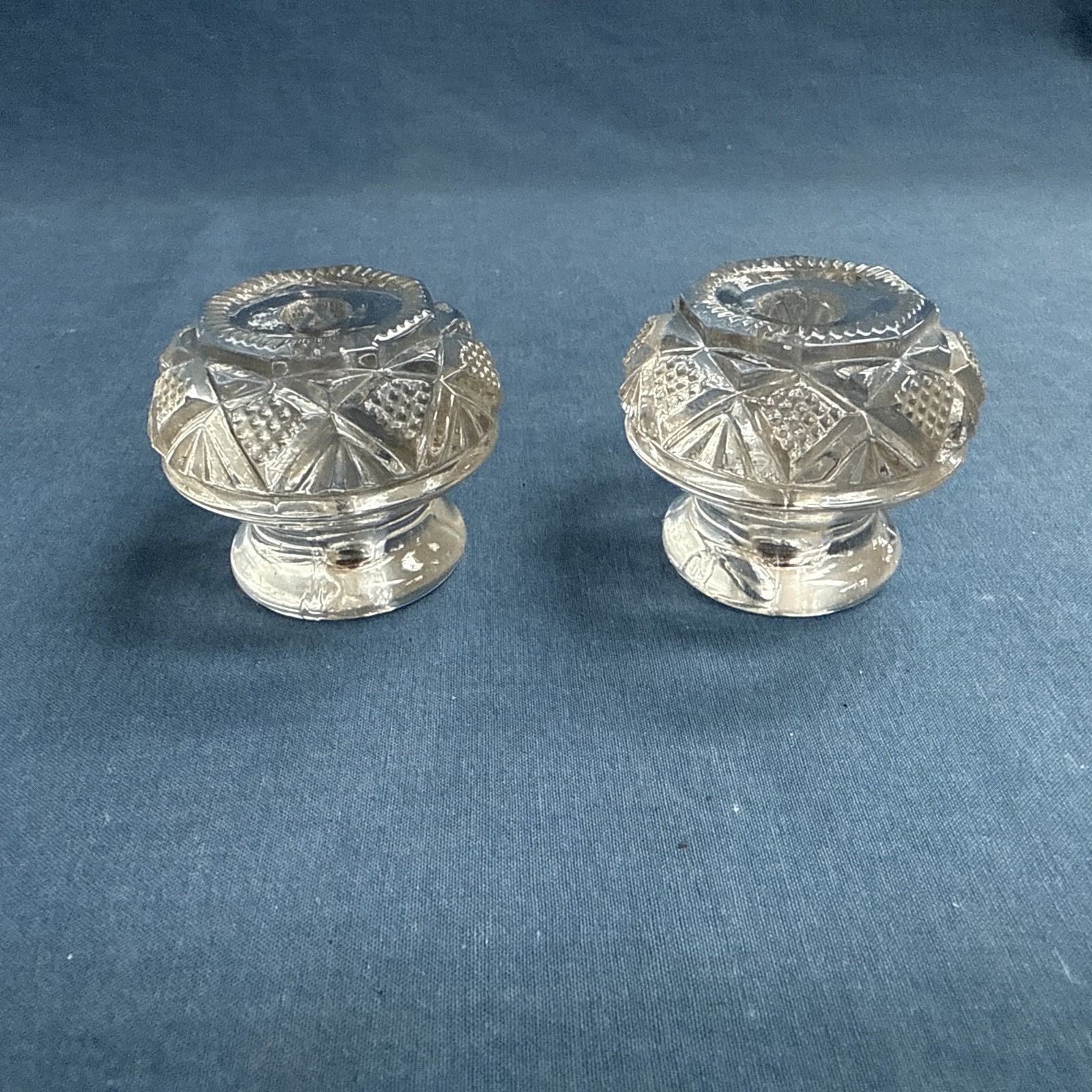2 Antique Pressed Clear Glass Sandwich Drawer Pulls 1 3/4″ Original Posts