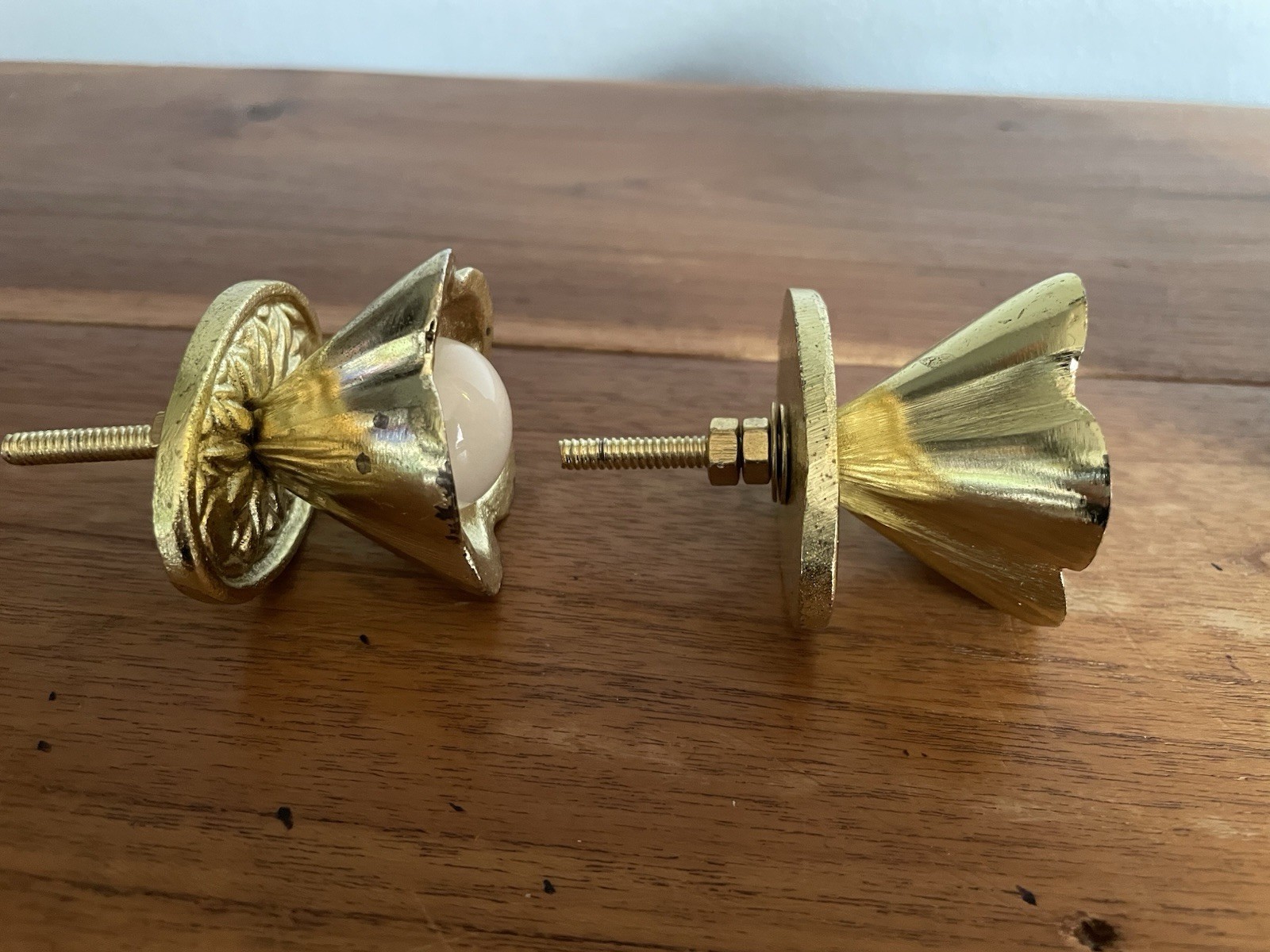 2 Vintage Mid Century Flower Drawer Pulls W/Back Plate Gold/White Ball Center