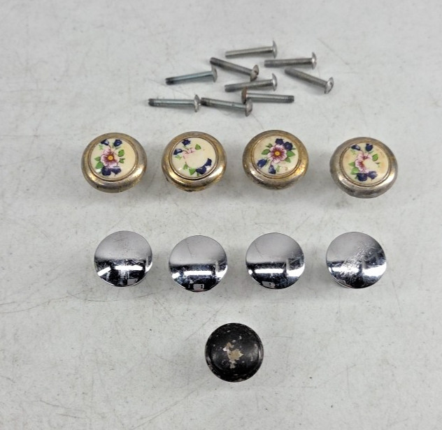 Vintage Lot of 9 Random Cabinet Round Drawer Pull Knobs As Is Floral Chrome