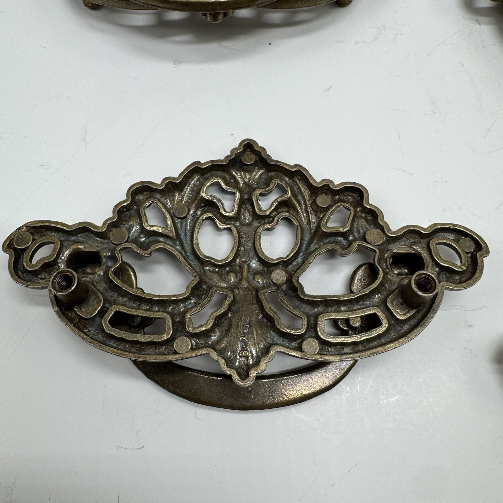 Vintage 1988 80s Antique Brass Bail Drop Drawer Pull Hardware Ornate Replacement