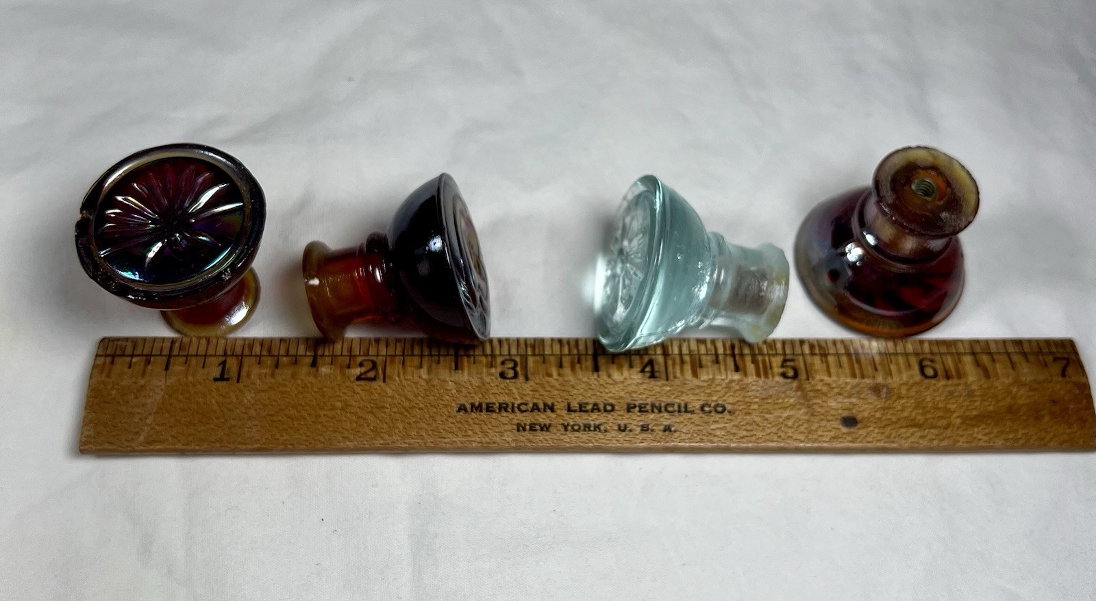 Vintage Glass Cabinet Knobs, 3 reddish Orange, One Greenish Clear,1 1/4 Inch
