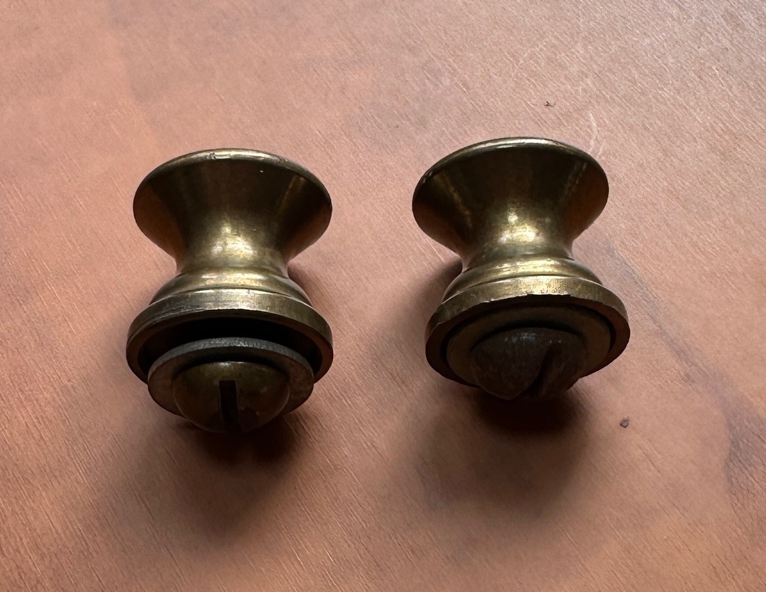 Pair Vintage Small Solid Brass Desk, Dentist Chest, Tool Box Drawer Knobs 3/4″
