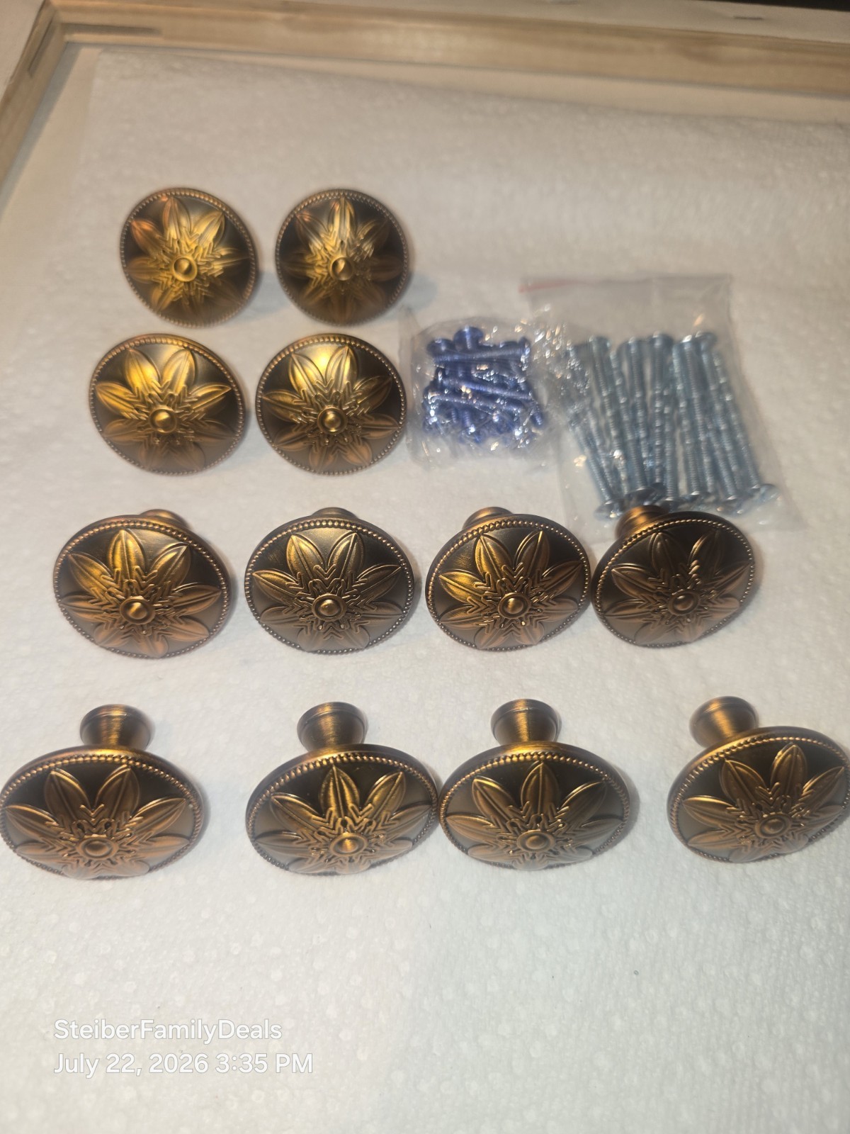 12 Antique Brass Knobs / Handle Pulls – Flower Pattern for Cabinets Drawers