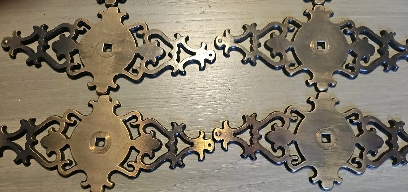 6-VINTAGE Amerock DRAWER PULLS Back Plate Brass Holes Scrolls