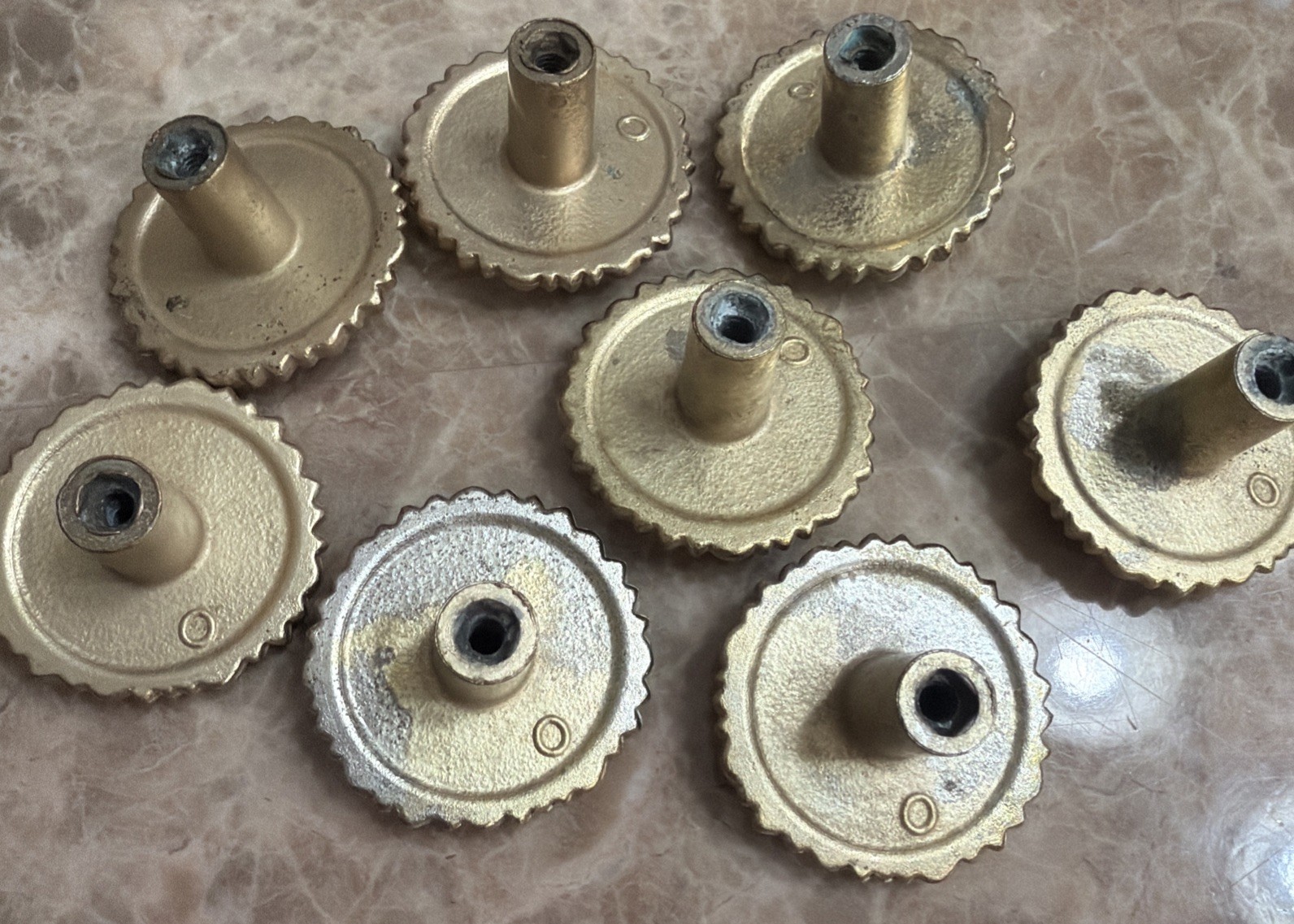 Set of 8 Vtg Gold Non Magnetic Metal Drawer Knobs Ornate Floral Rose 1 1/2”