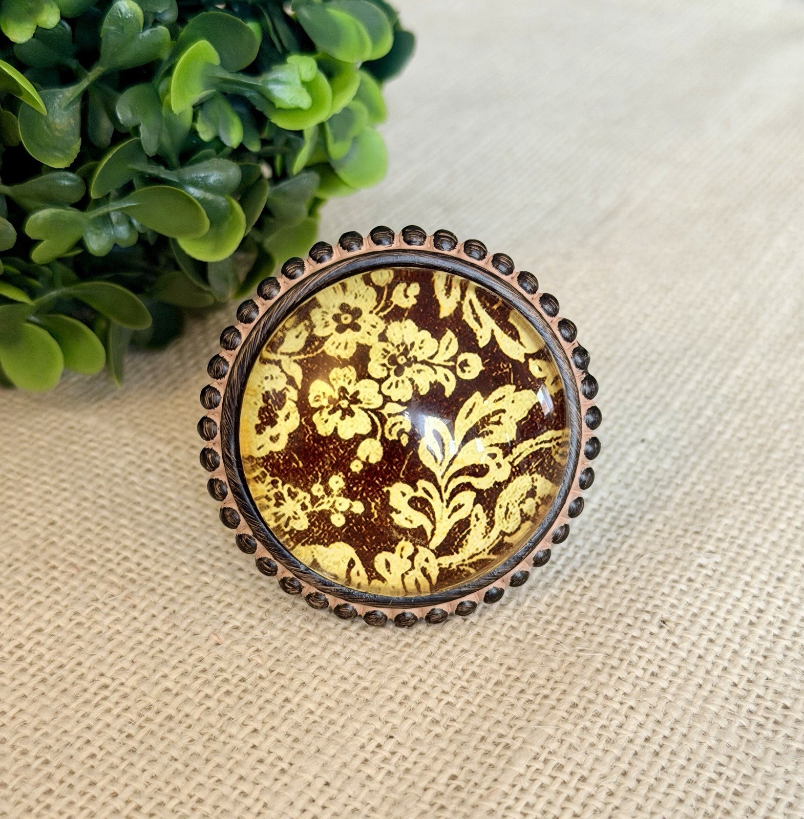 Large Floral Cast Iron Distressed Cream Brown Knobs Glass Floral Leaf Knobs Pull
