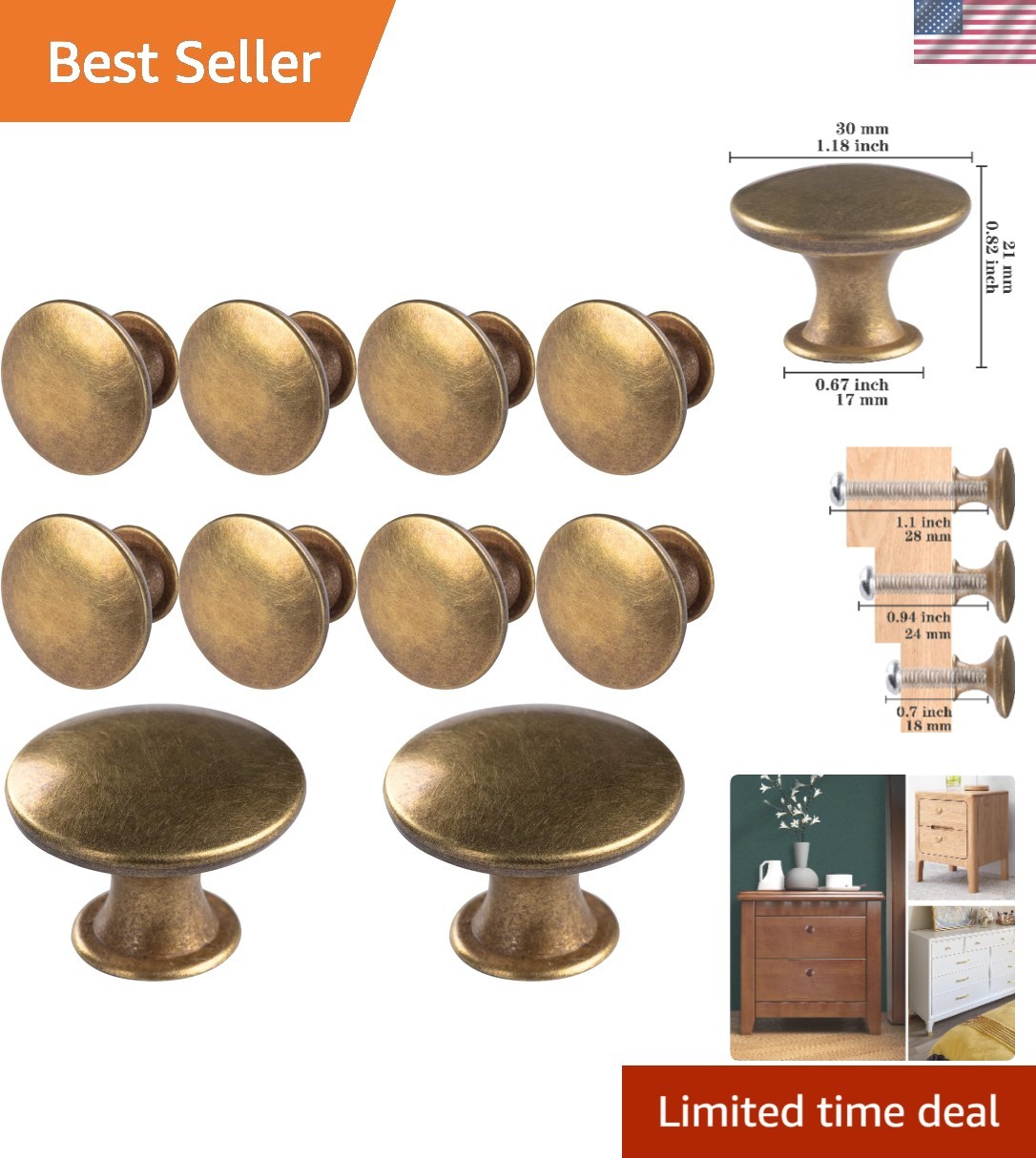 Classic Round Antique Brass Drawer Pulls – 10 Pack Lightweight Knobs with Screws