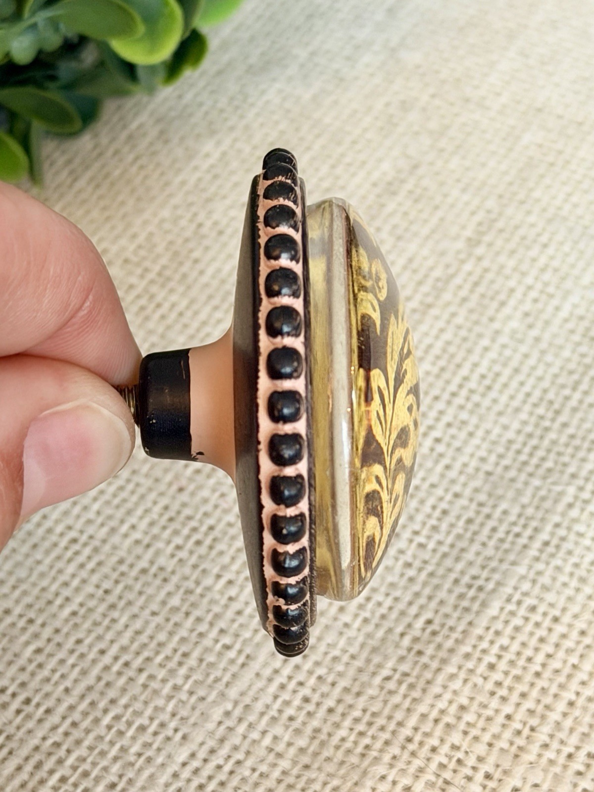 Large Floral Cast Iron Distressed Cream Brown Knobs Glass Floral Leaf Knobs Pull