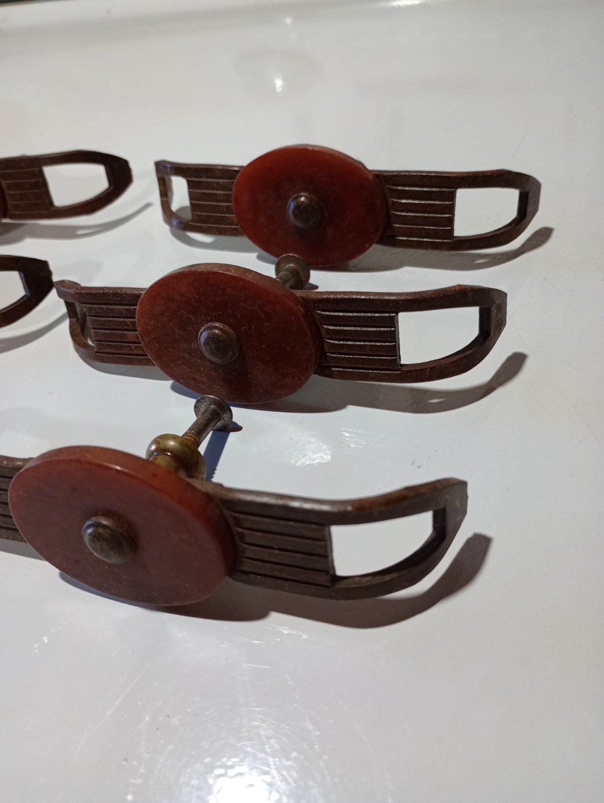 Vtg. Drawer Pulls, Brass, Bakelite, Art Deco, 4″ x 3/4″, set of 6 Rare