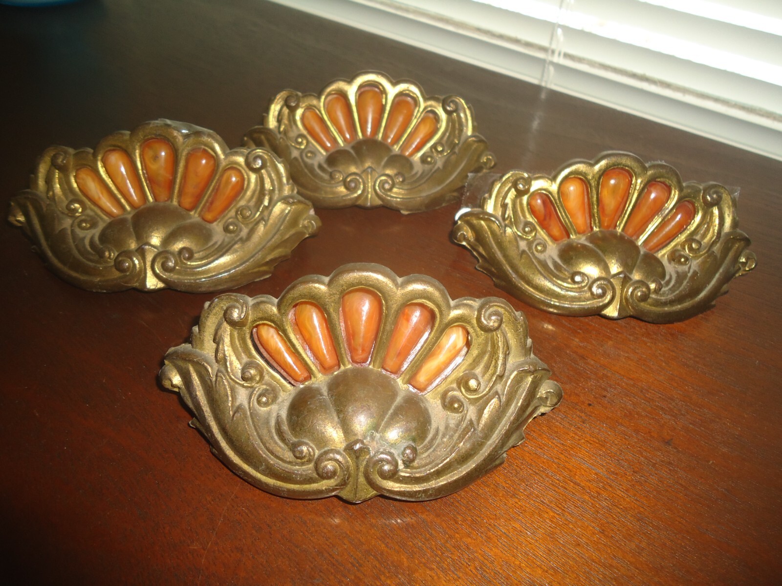 Victorian Era Antique Brass Bakelit Drop Drawer Pulls Handles Hardware (4 Total)