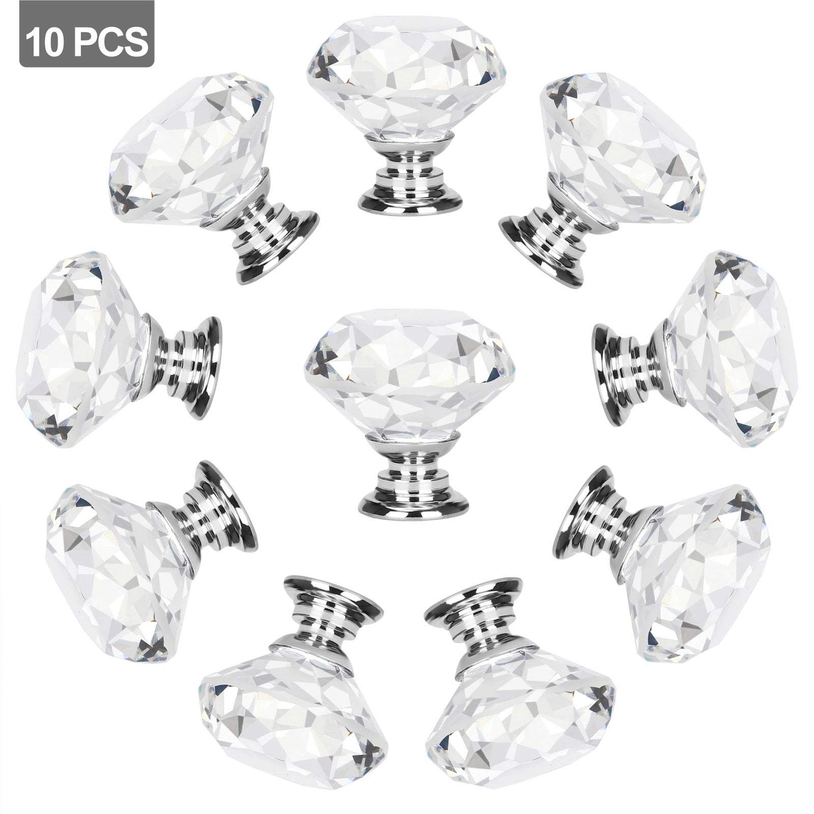10 Pcs 30MM Kitchen Cabinet Knobs and Drawer Pulls – Silver Glass Crystal Kno…