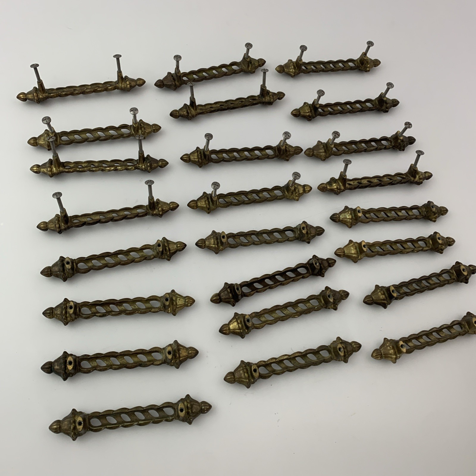 24 Vintage Keeler KBC Art Deco Ornate Twist Brass Drawer Cabinet Pulls Marked