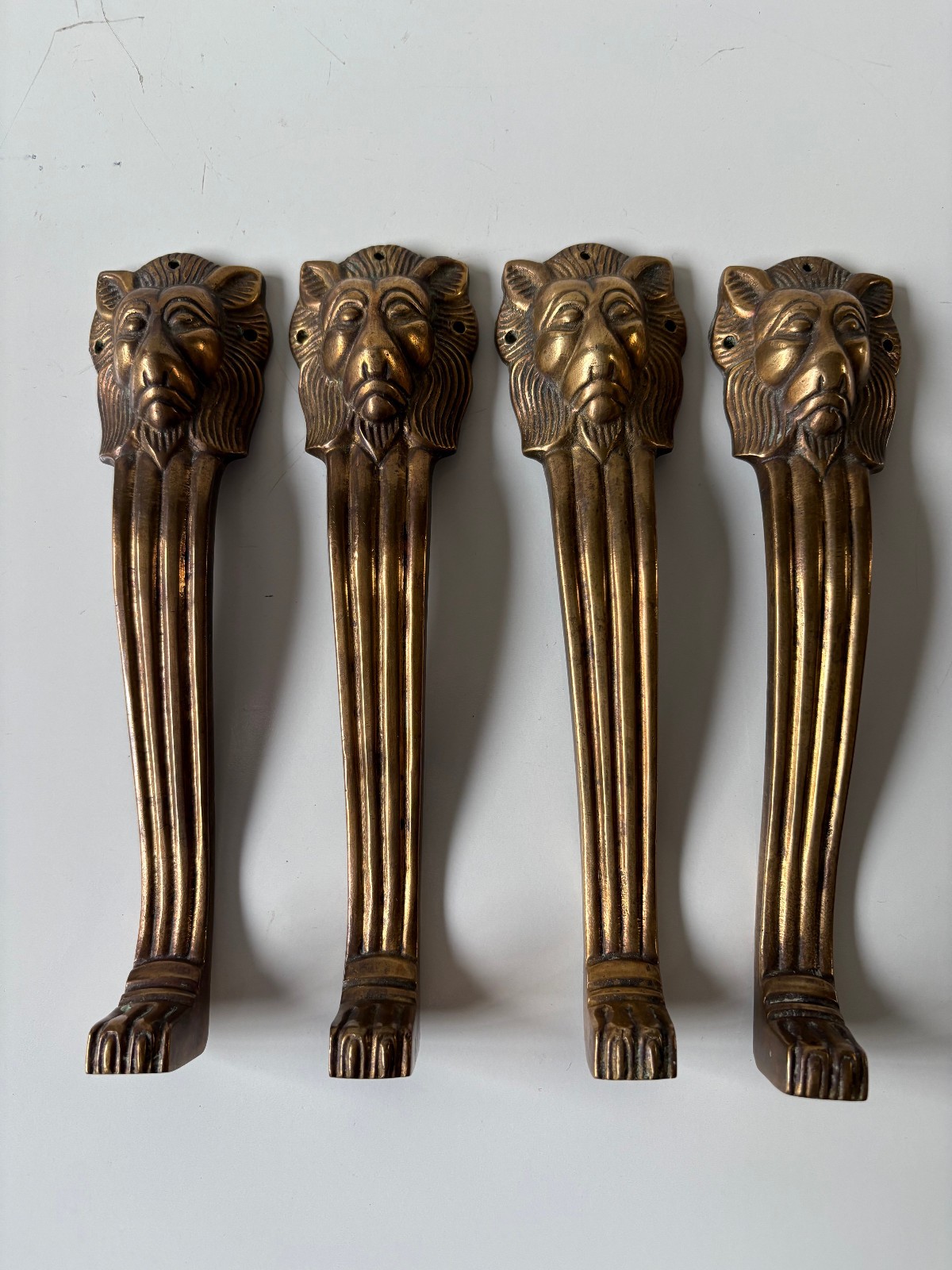 Antique 4 Brass Lion Head Handles (?) 9″ Long & 4 Lion Head Drawer Pulls