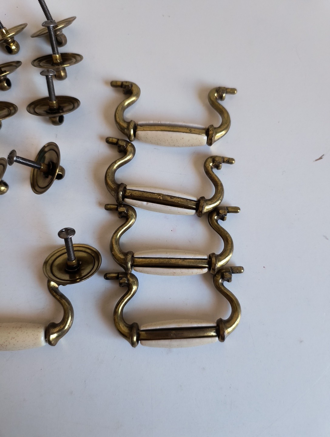 Vintage Brass & White Ceramic Drawer Pulls Traditional French Style Handles (5)