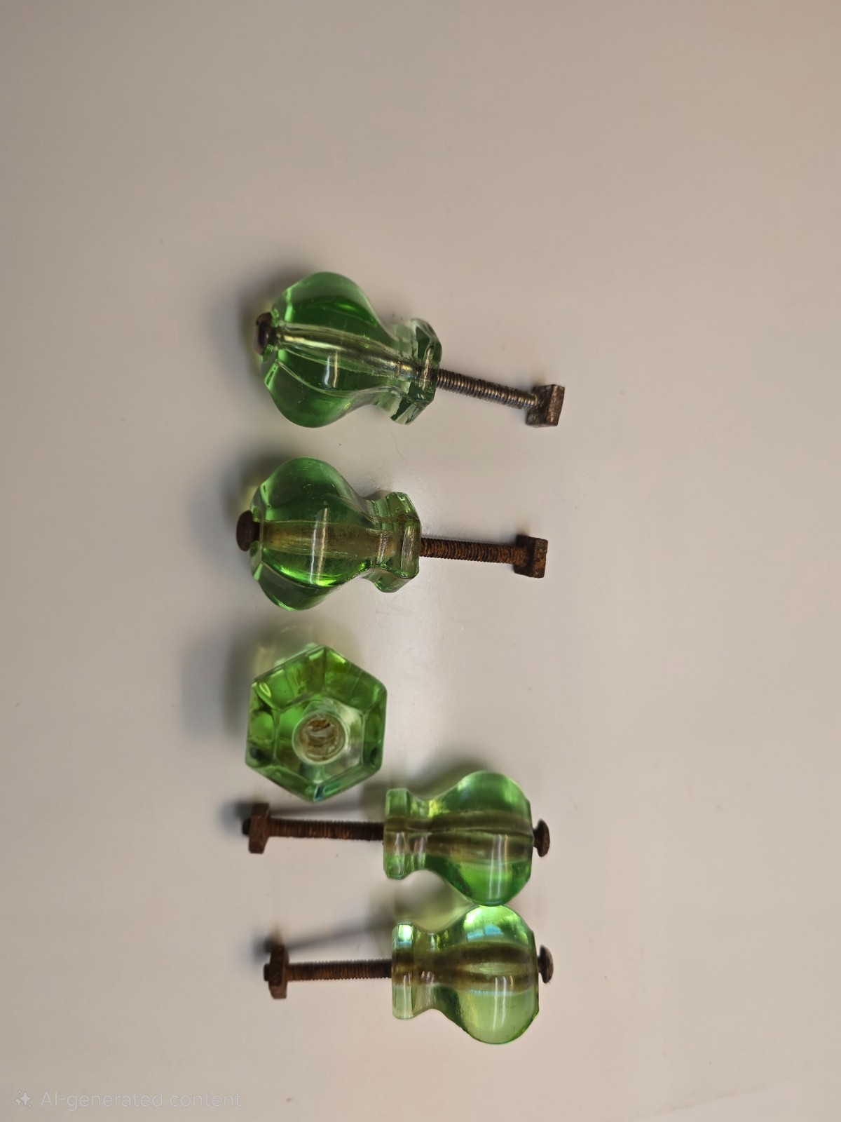 SET OF 4 ANTIQUE GREEN DEPRESSION GLASS KNOBS CABINET DRAWER KNOBS 1″