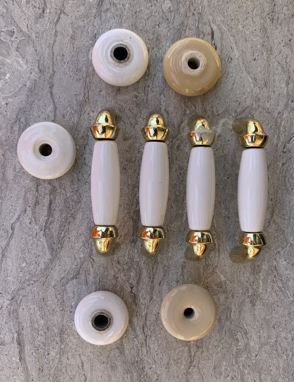 PORCELAIN HANDLES PULLS 4 Brass Handles 5 Pulls LOT OF 9 Mixed White Beige