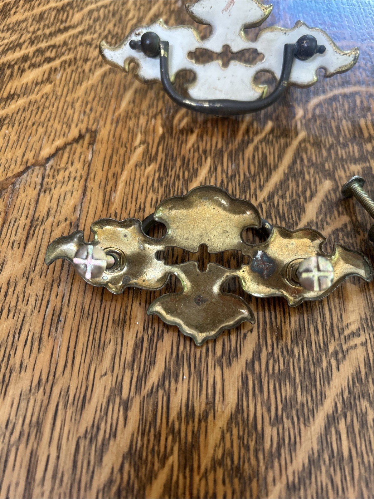 Vintage Pull Handles 2-1/2″ Centers White On Brass 1960s