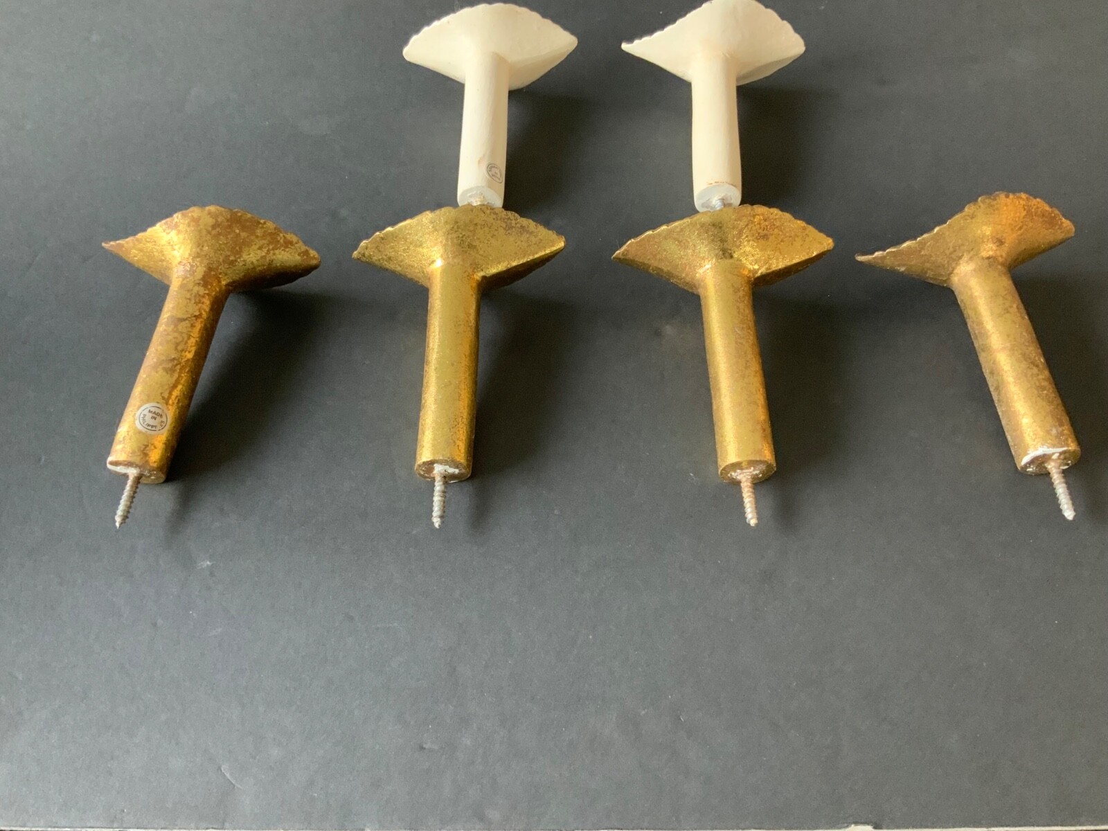 Set of Antique Painted Bin Dresser Drawer Pulls lot of 6 (4 gold 2 white)