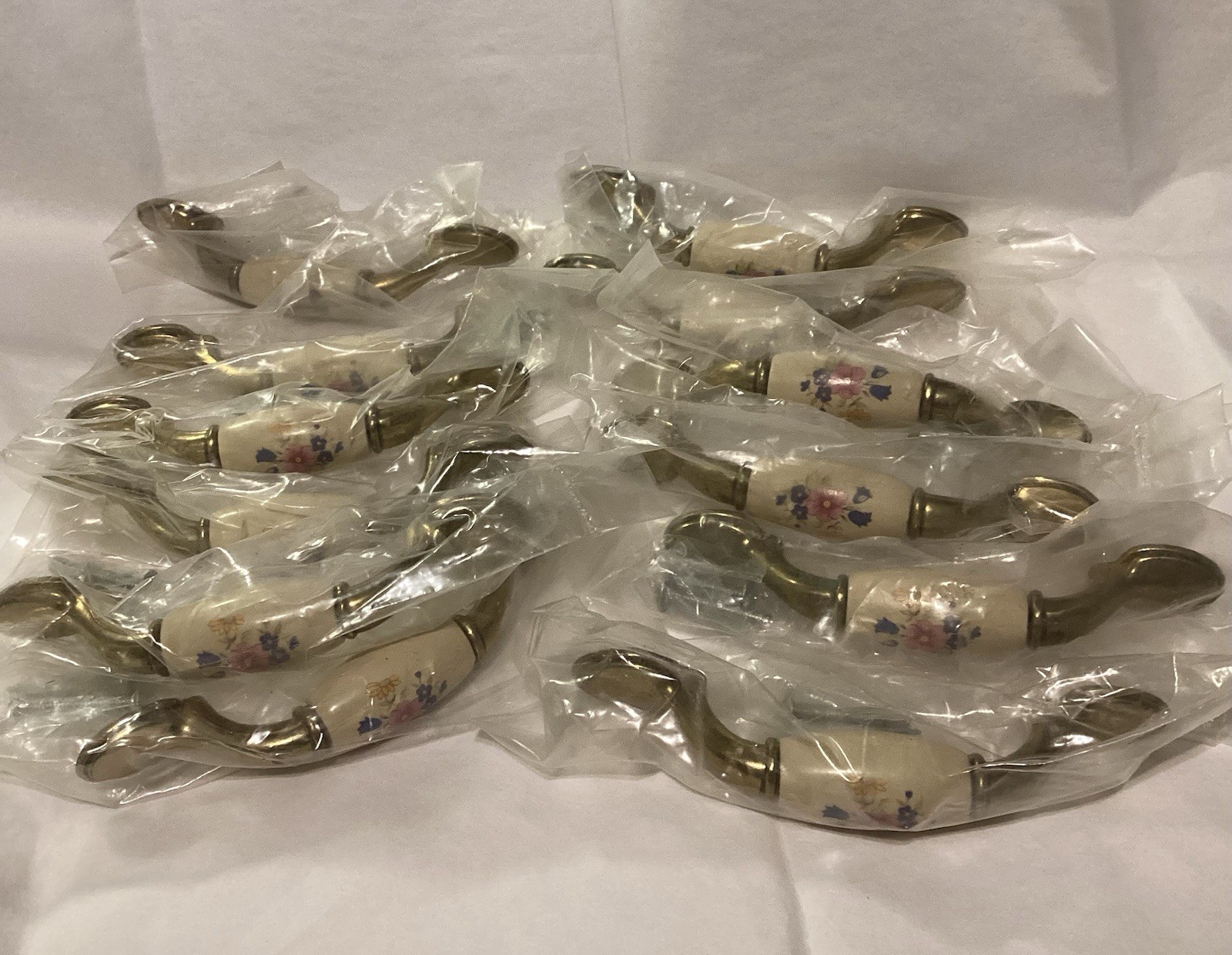 12 Vintage Ceramic And Brass Floral Design Drawer Pulls