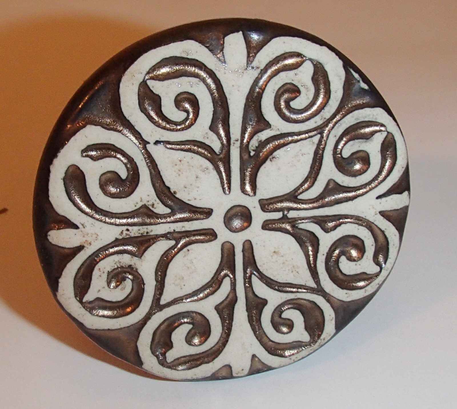 Brass Drawer Knob 2″ Round with White Floral Scrollwork