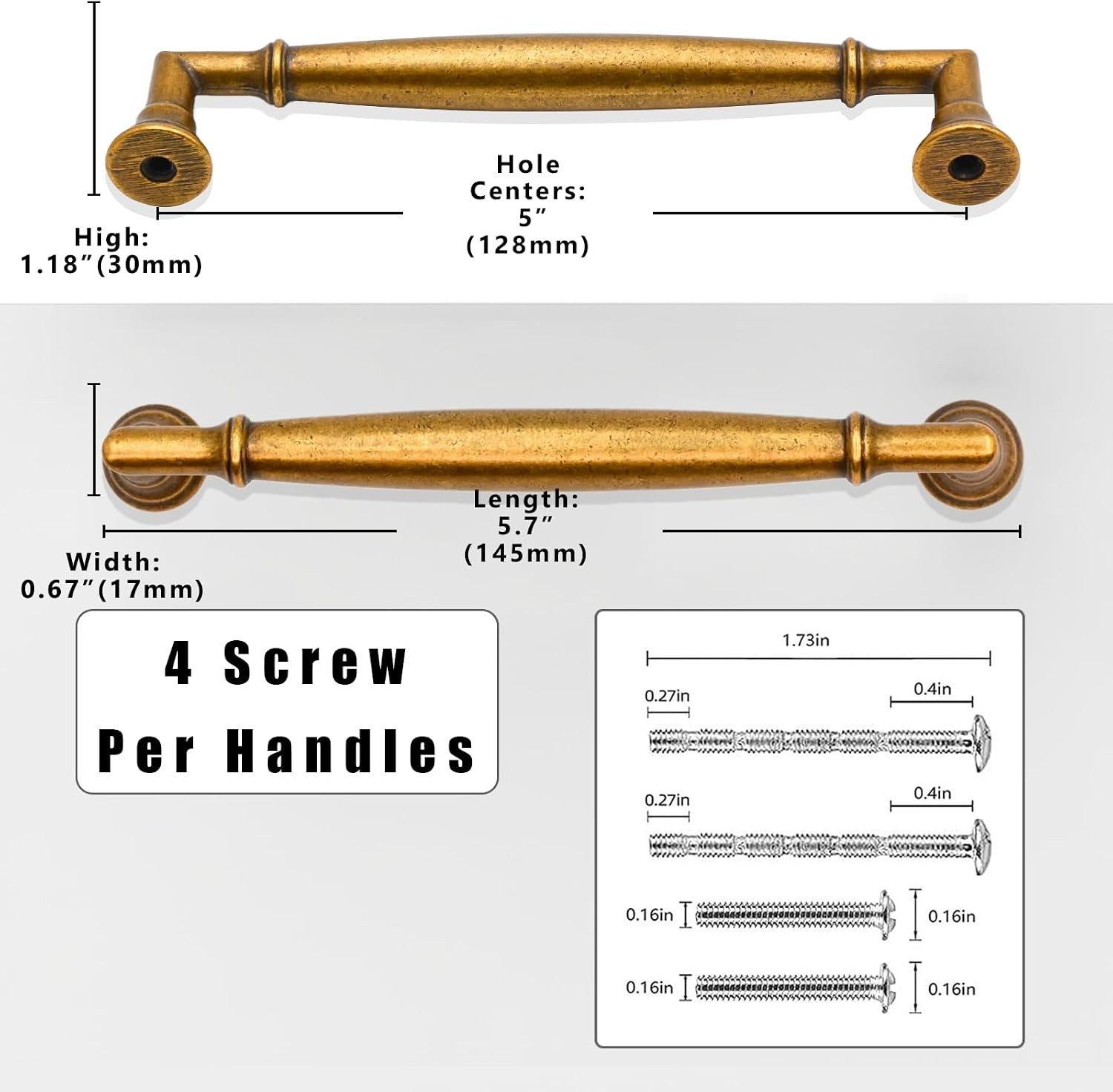 10pk Antique Brass Cabinet Pulls 5in Zinc Alloy Drawer Pulls