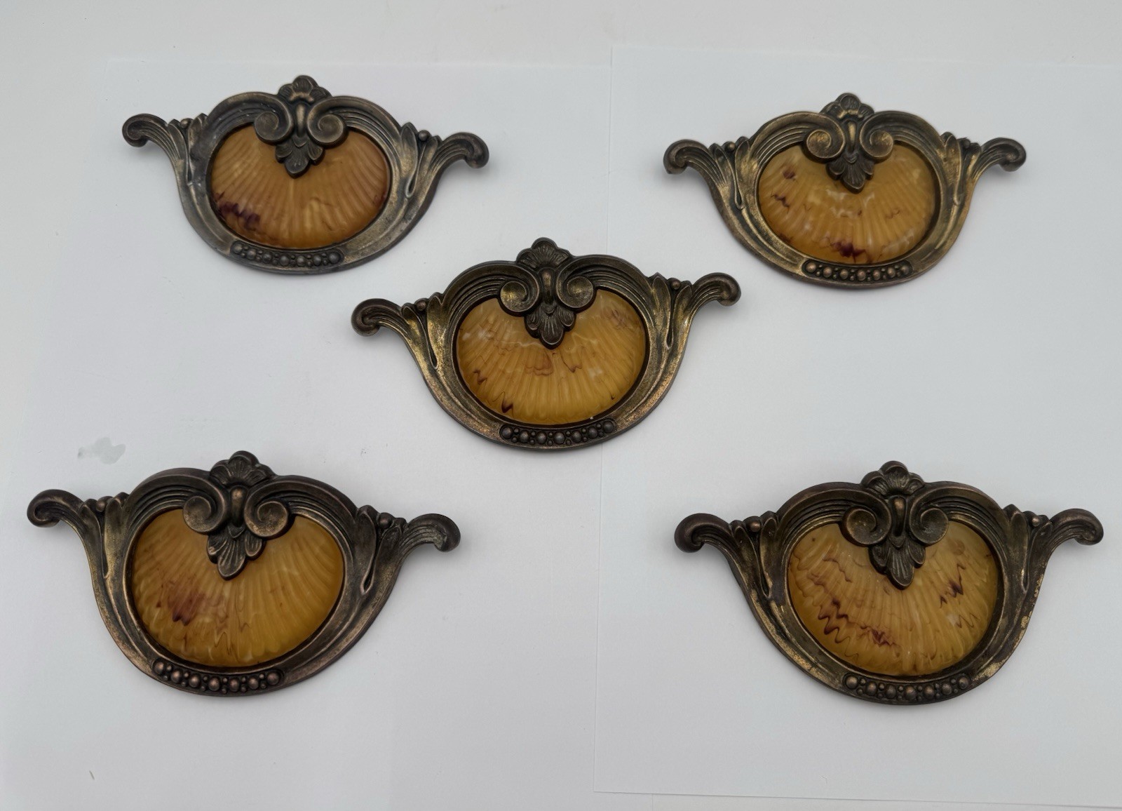 5 Antique Keeler Brass Waterfall Shell Handle Bakelite Dresser Pulls Beautiful