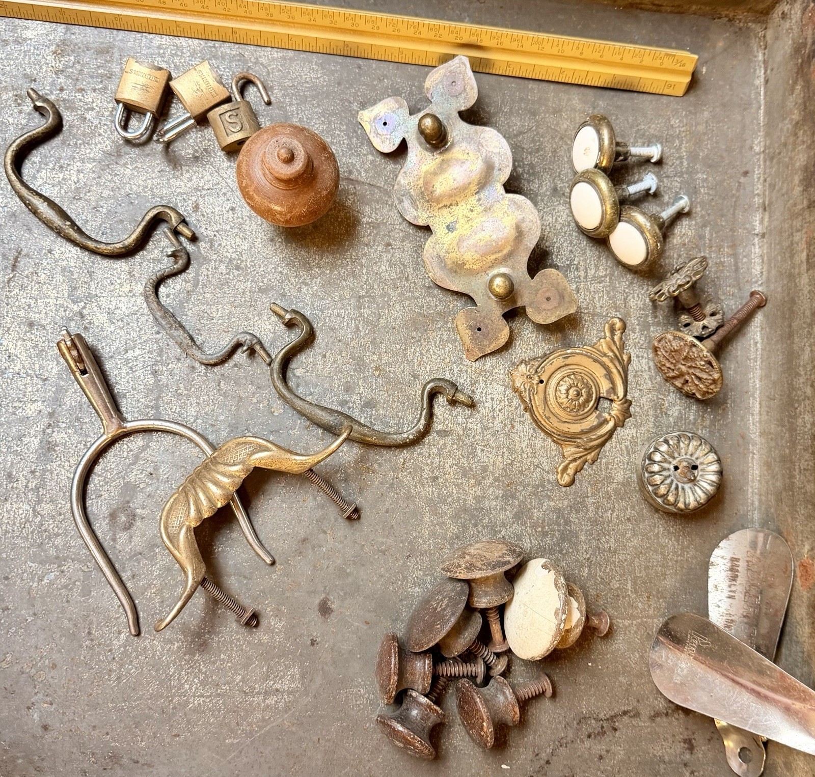 Large Lot Antique & Vintage Hardware – Brass Drawer Pulls, Padlocks, Knobs, Spur