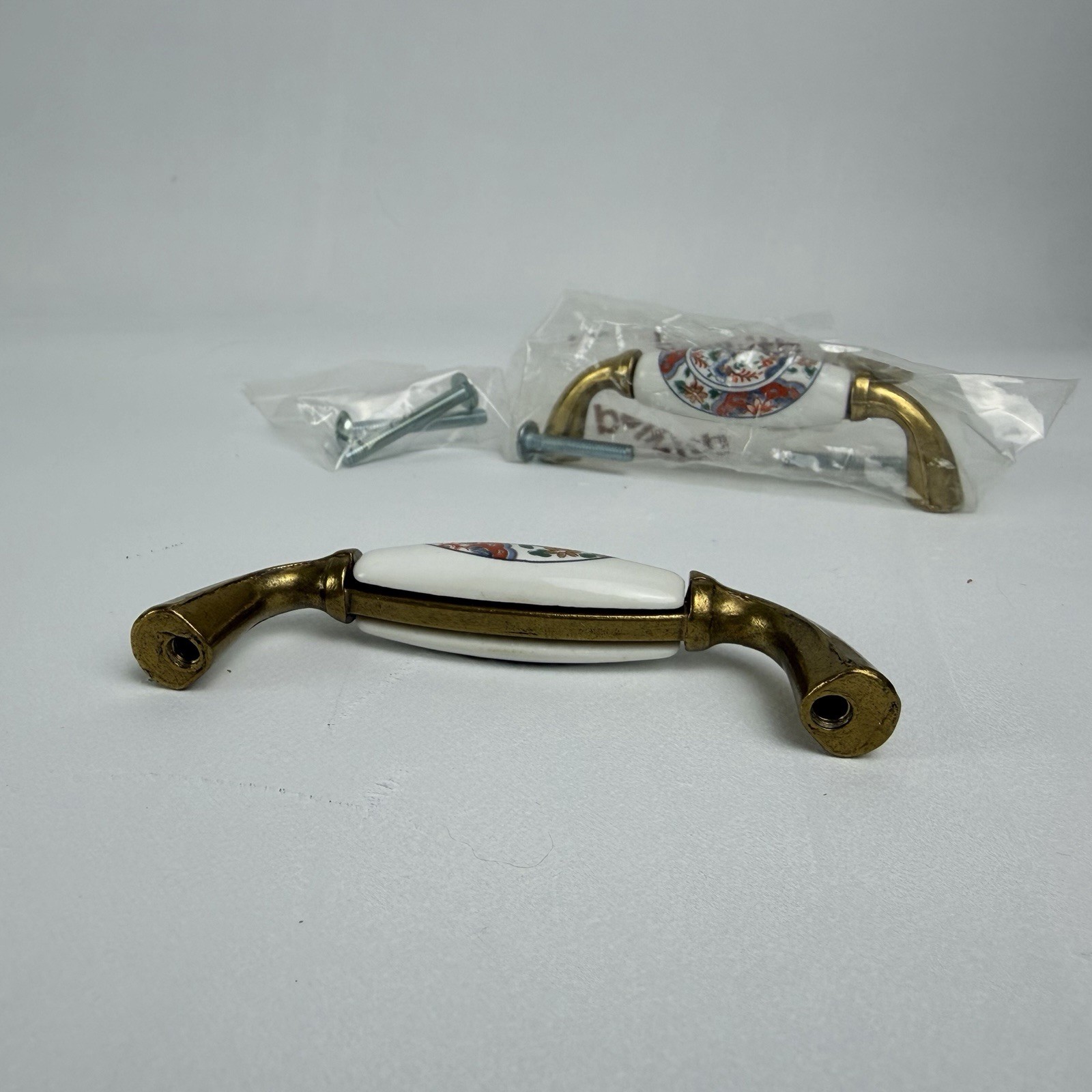 VTG Belwith Drawer Cabinet Pulls Procelain Brass Asian Japan Gold Set of 2 NEW