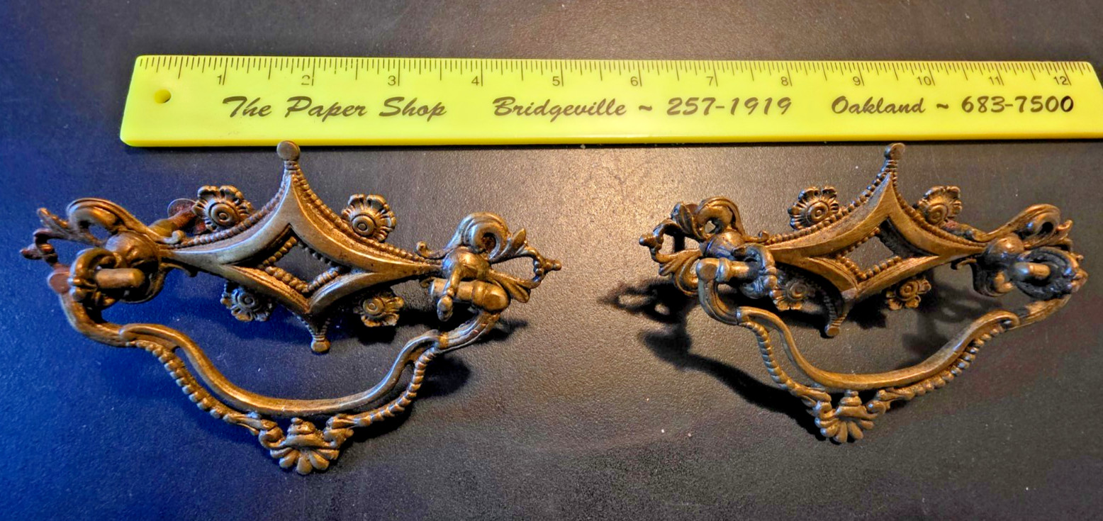Pair of Antique Cast Bronze Drop Bail Drawer Pulls Naturally Aged