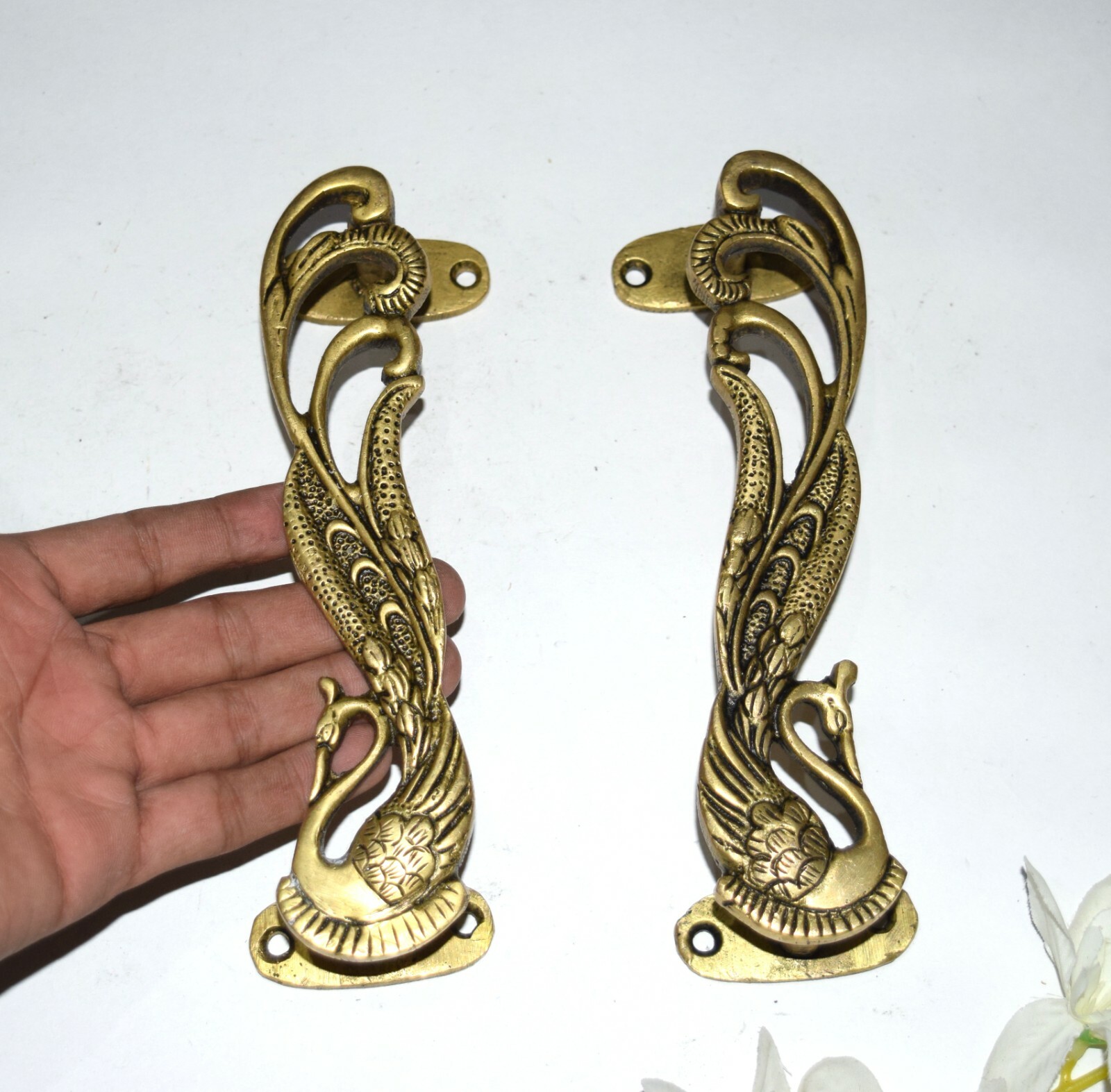 Brass Peacock Door Handle Pair 7” Inches Turkey Bird Design Almirah Pull EK560