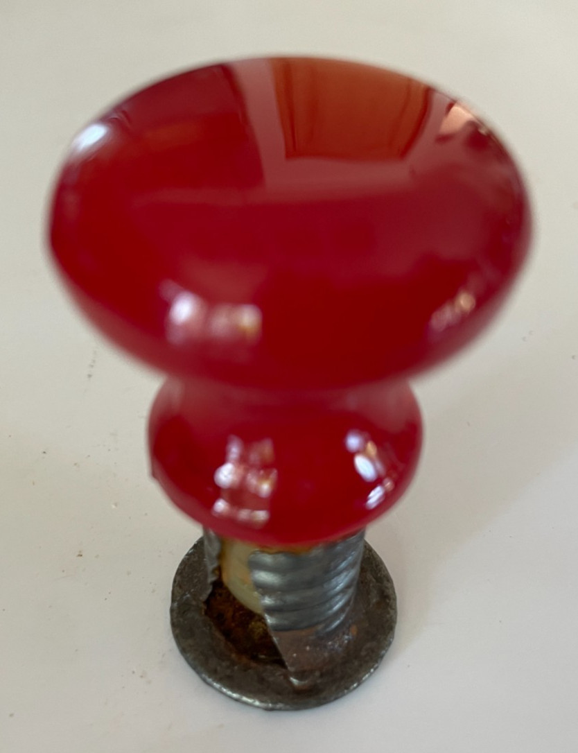 ONE Red Glass Hoosier Cabinet Style Threaded Knob Pull w/ Sleeve Hardware Orig