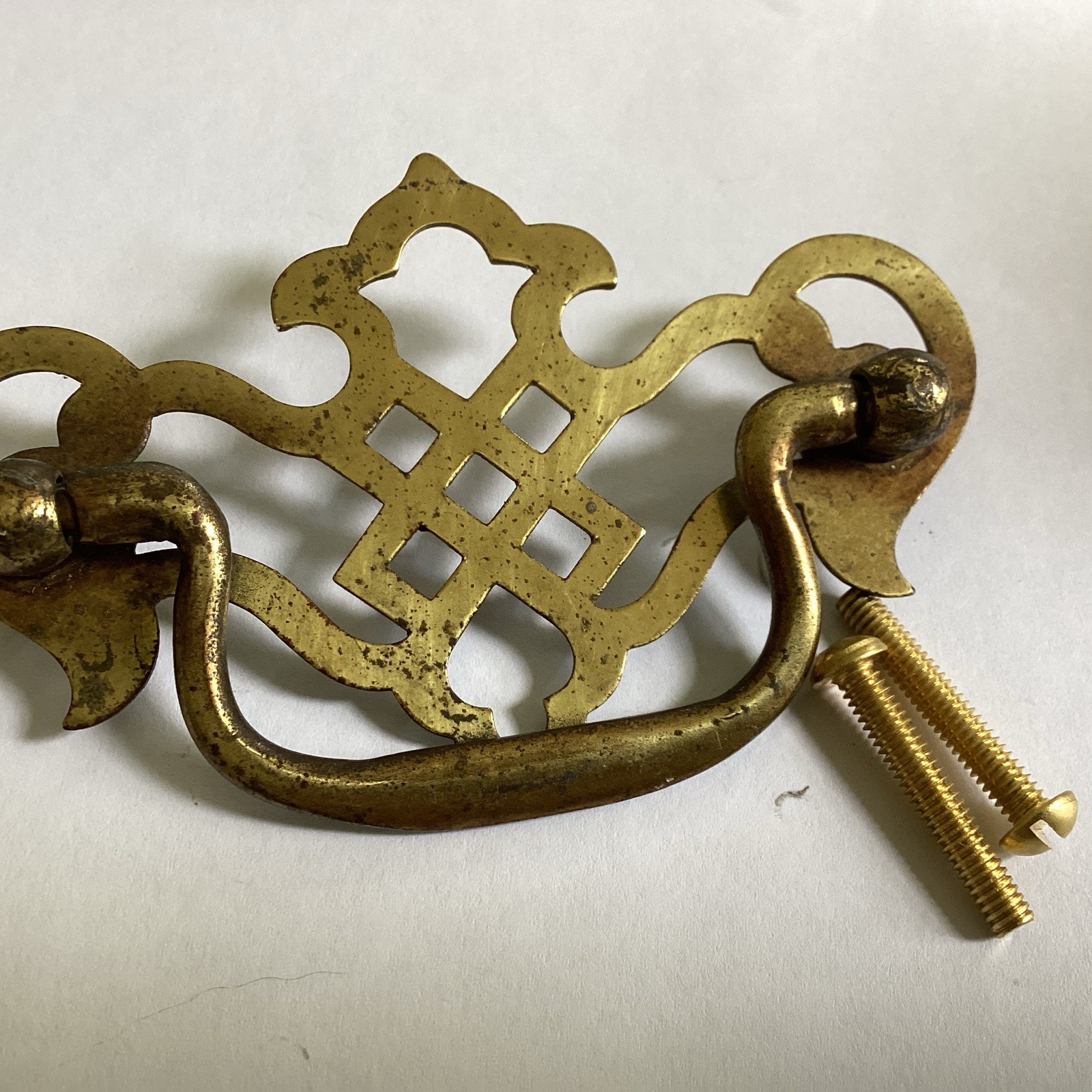 One Nice Vintage Pierced Brass Plated Chippendale Drawer Pull 3 In” In.