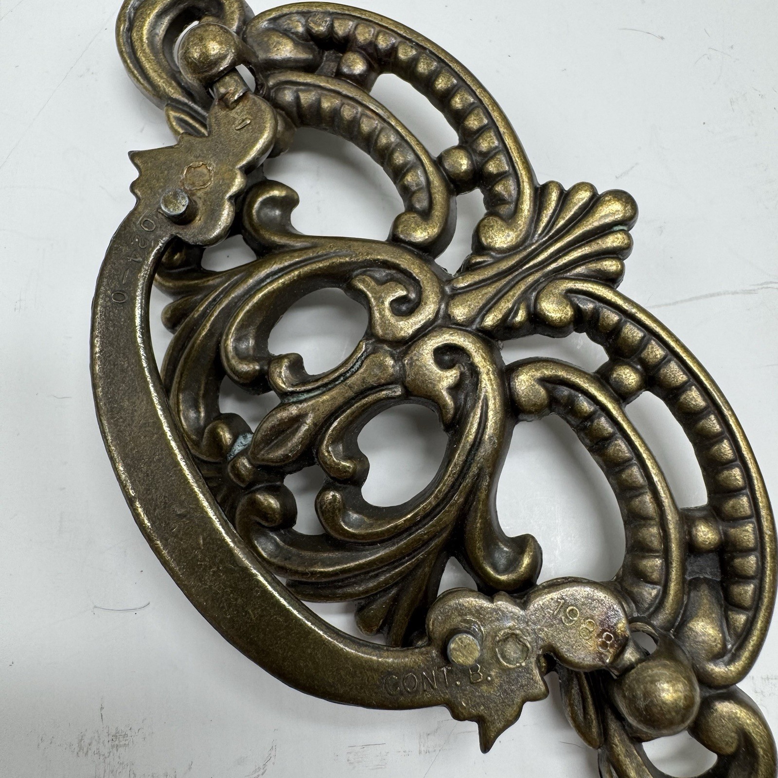 Vintage 1988 80s Antique Brass Bail Drop Drawer Pull Hardware Ornate Replacement