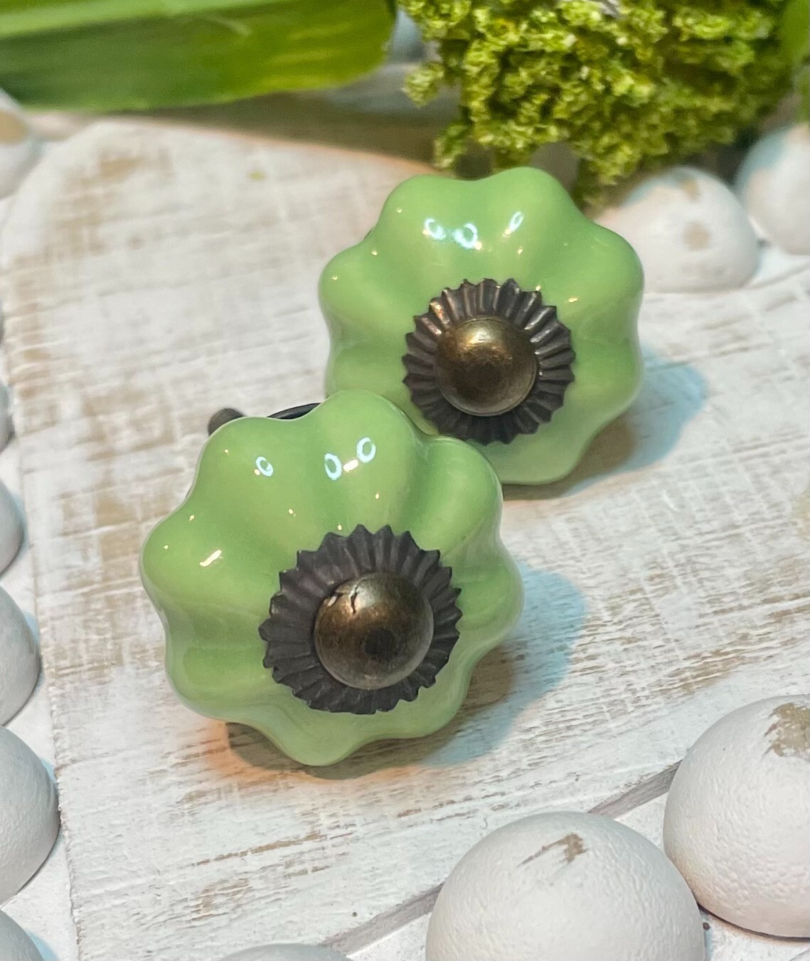 Antique Ceramic Gold Bronze Drawer Pulls Green Flower Door Kitchen Cabinet Knob