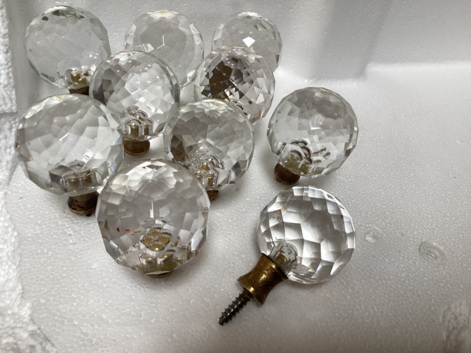 10 Vintage Acrylic Drawer Knobs Clear Faceted 1 3/8″ With Brass Seal and Screws