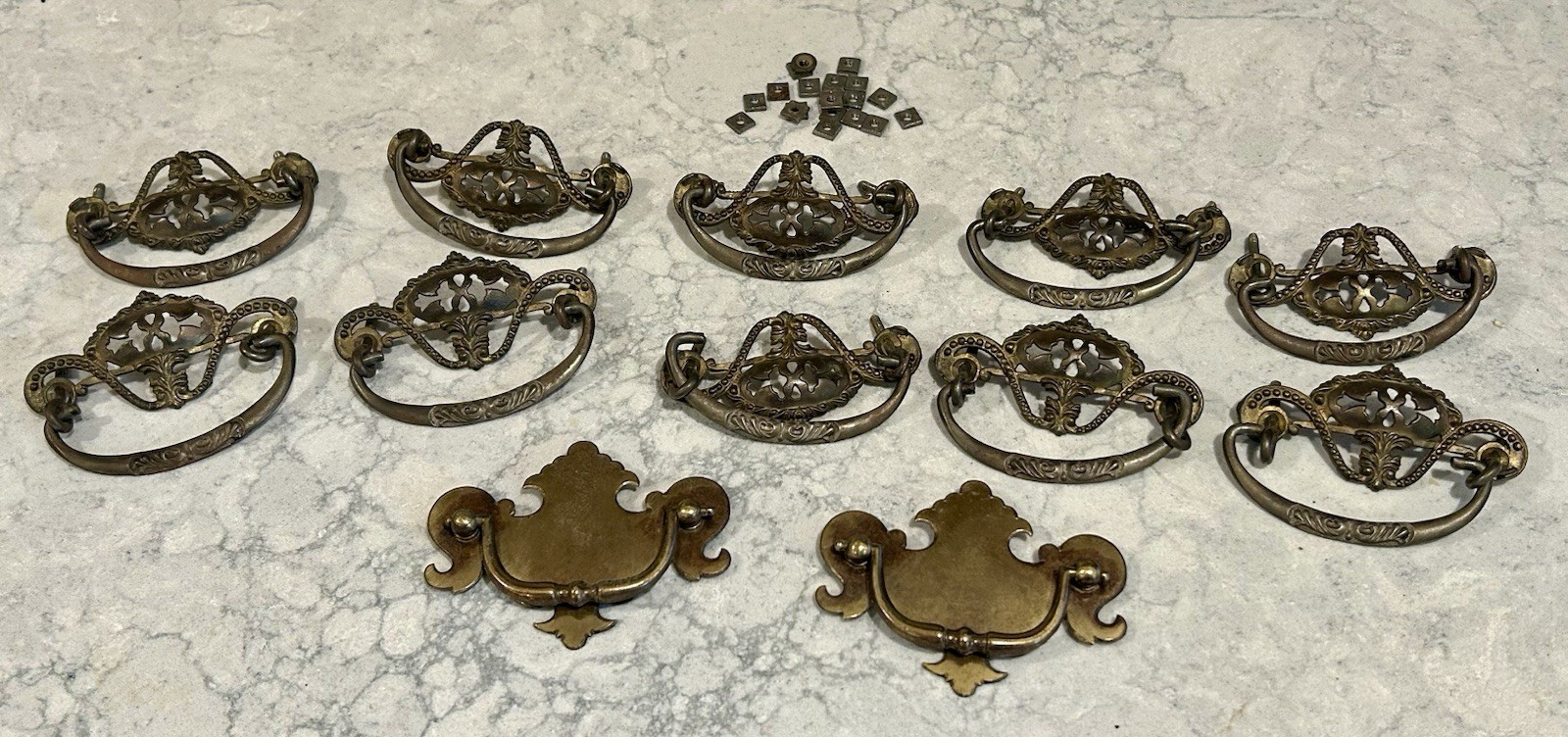 12 ANTIQUE VINTAGE VICTORIAN ORNATE DRAWER HANDLE PULL HARDWARE BRASS