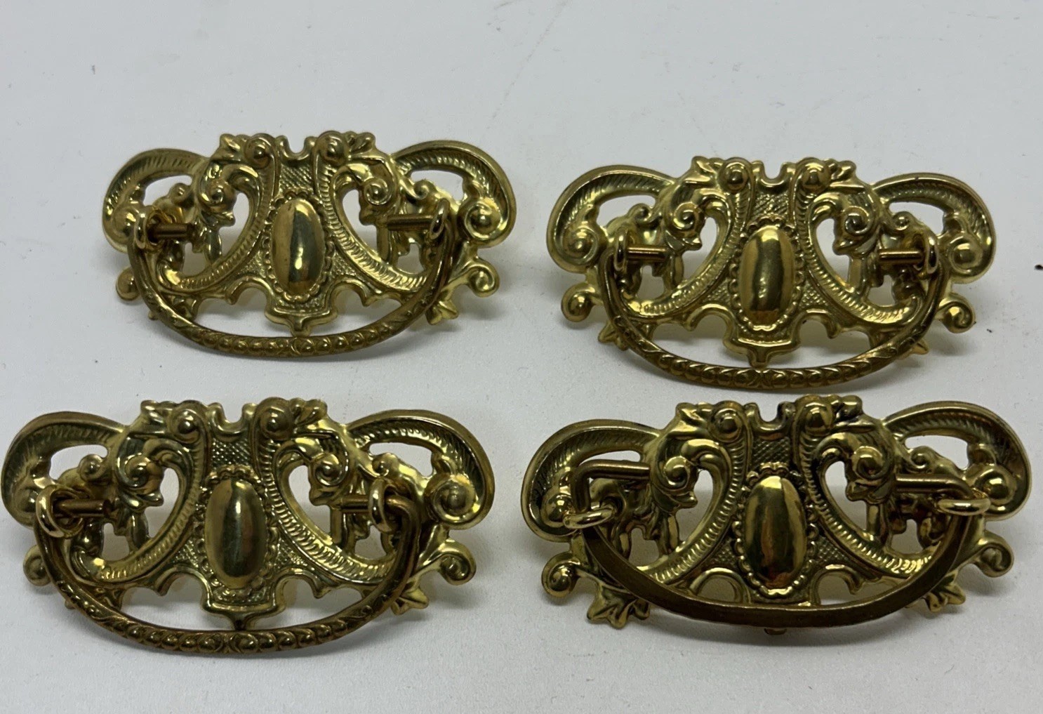 4 Vintage Ornate Gold Tone Brass Handles Drawer Dresser Pulls Furniture Hardware