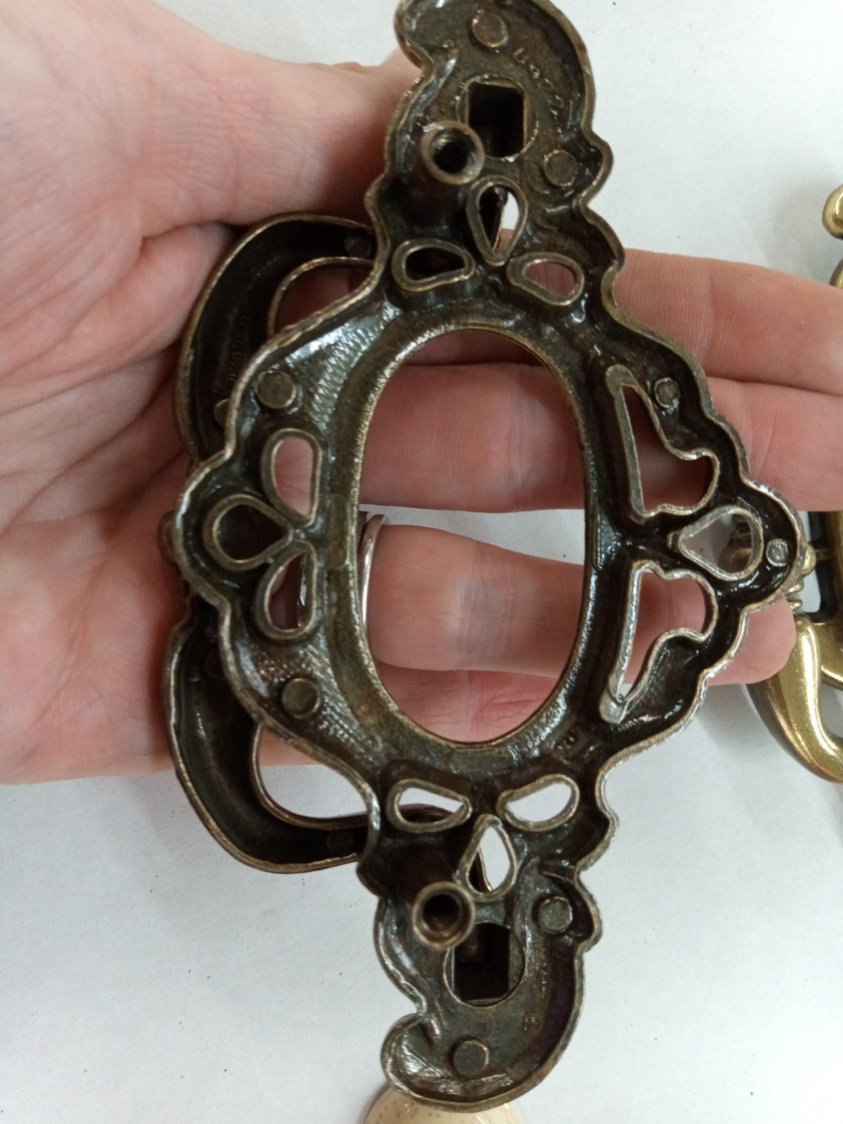 Pair Of 2 Bronze Tone Vintage Drawer Pulls With Speckled Cream Ceramic Inserts