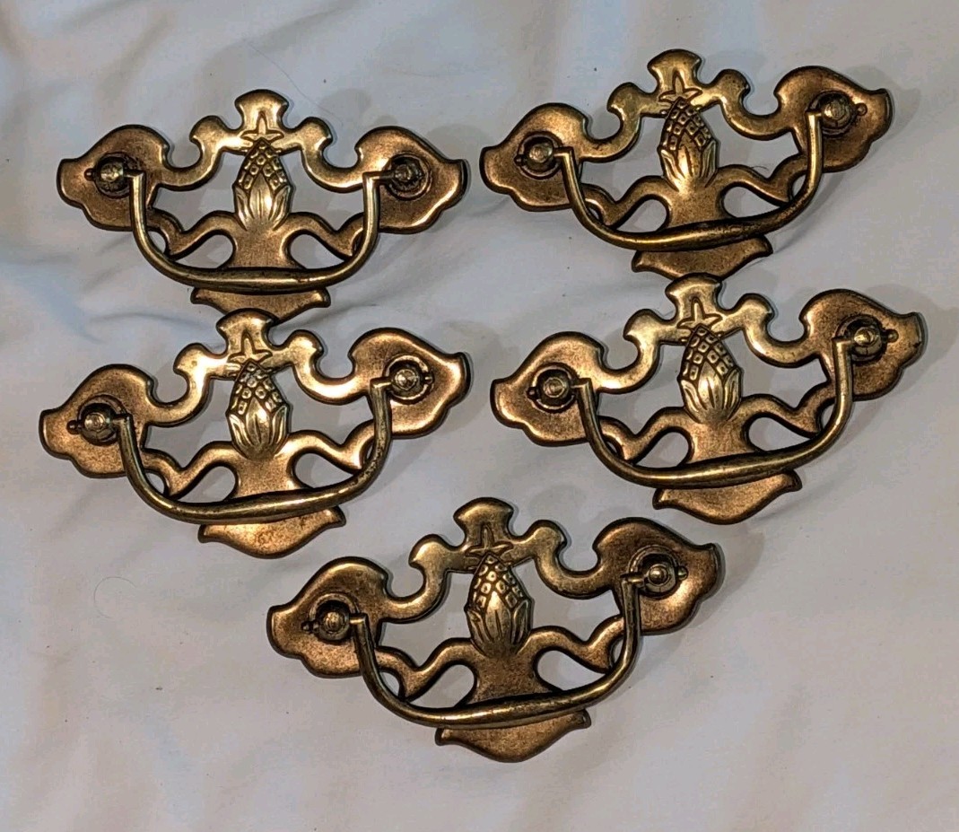 (5) Vintage 1960s (?) Brass Pineapple Drop Bail Drawer Pulls / Handles & Screws